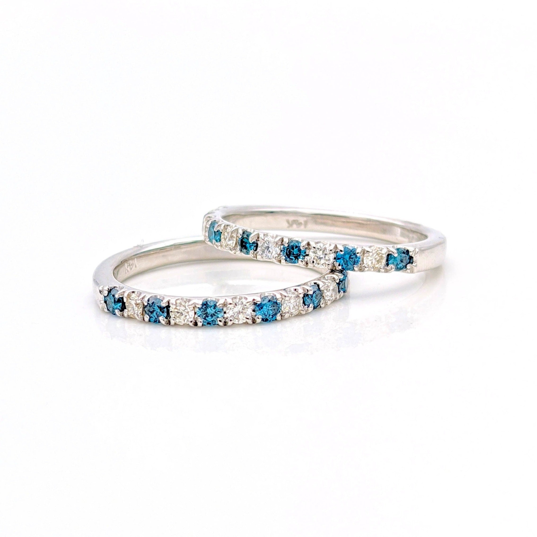 All Natural Blue Diamond & Diamond Band in Solid 14k White Gold | Wide Straight Band | Dainty Minimalist | Stackable | Customizable