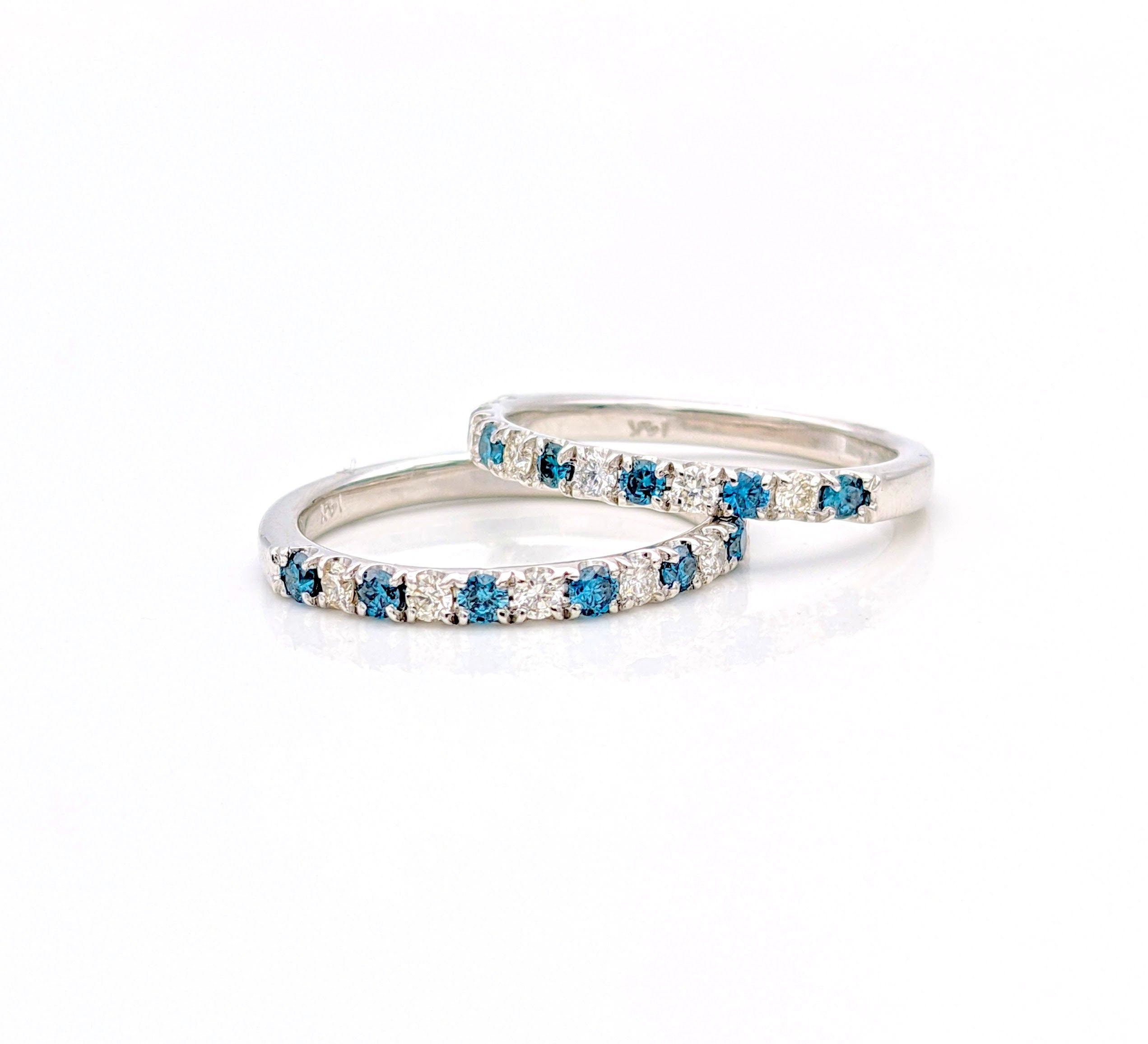 All Natural Blue Diamond & Diamond Band in Solid 14k White Gold | Wide Straight Band | Dainty Minimalist | Stackable | Customizable