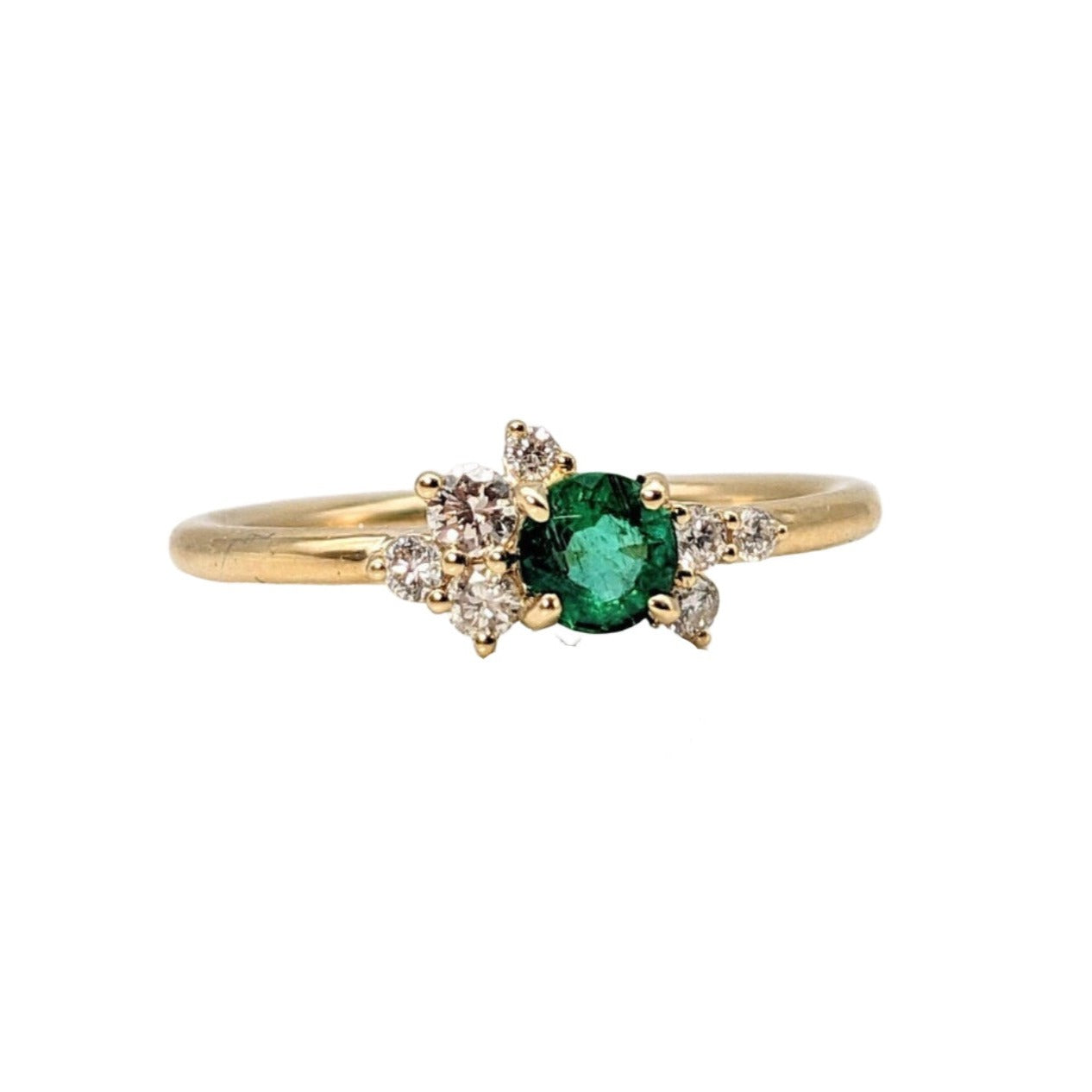 Asymmetrical Emerald Ring in 14k Solid Yellow Gold w Diamond Accents | Round 4mm | Modern Chic | Natural Gemstones | Ready to Ship!
