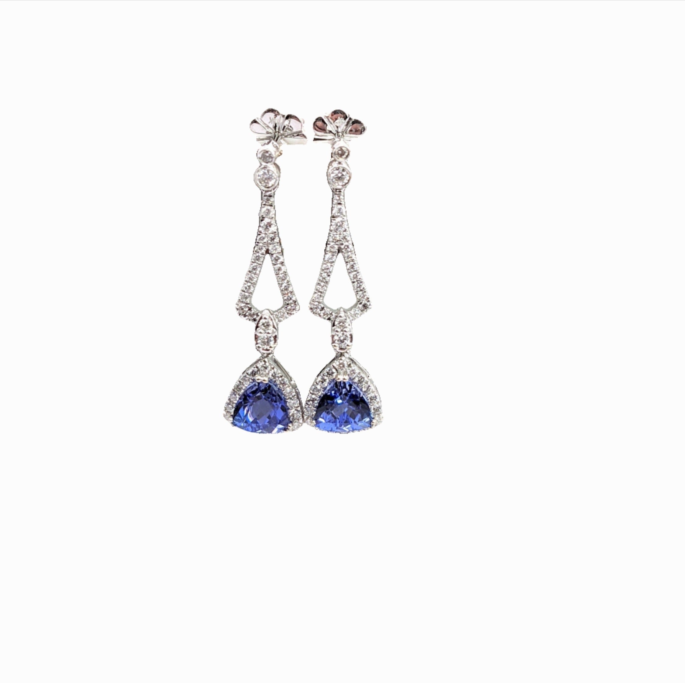 Blue Tanzanite Dangle Earrings w Natural Diamond Accents in Solid 14k White Gold / Trillion Shape 6x6mm / Push Back / Customizable Jewelry