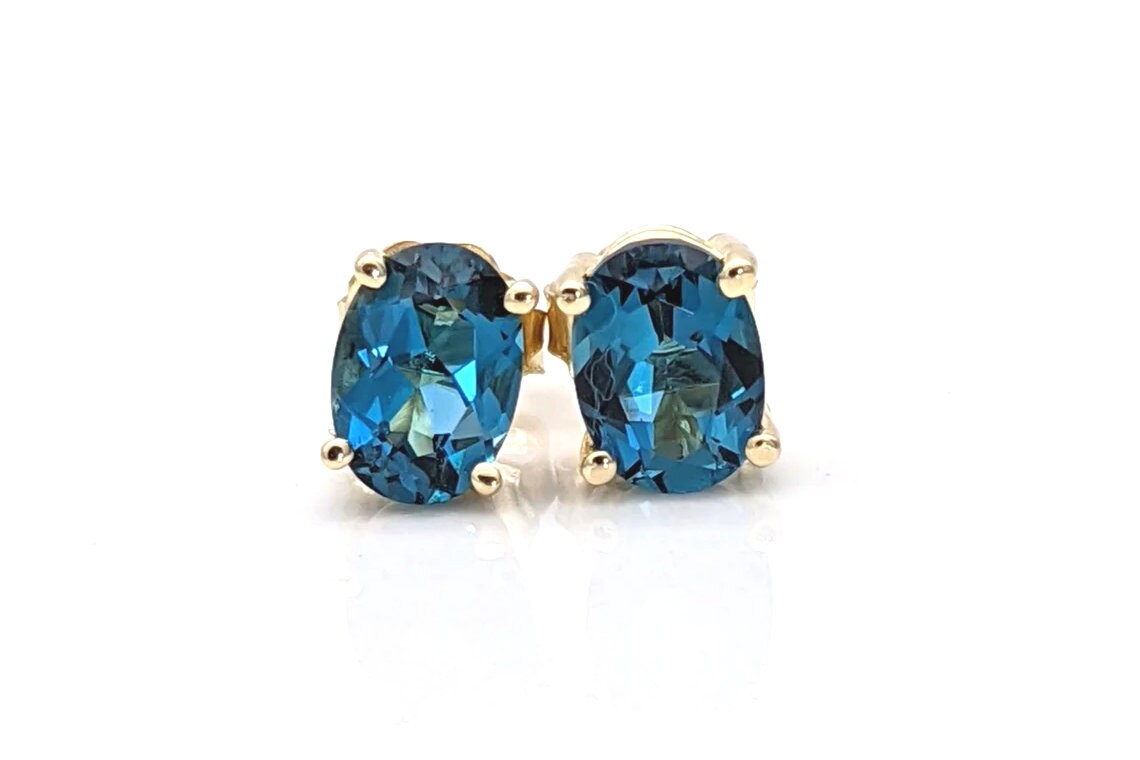 London Blue Topaz Oval Shape in 14K Solid White, Rose, and Yellow Gold/ Dainty and Minimalist Studs / 7x5 to 10x8mm/ 1cts to 6cts LBT Studs