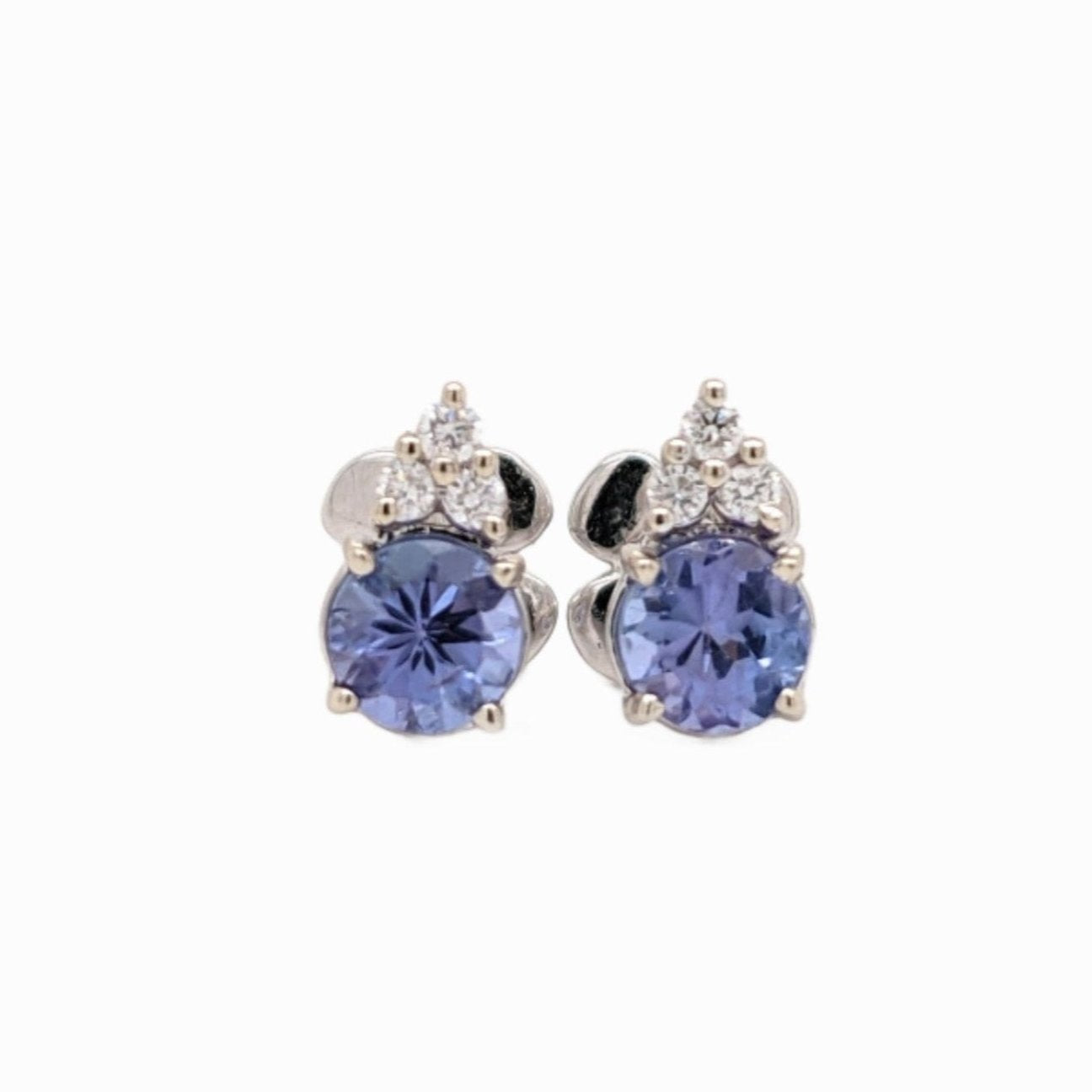 Tanzanite and Diamond Earring Studs in Solid 14K White Gold | Round 4mm | December Birthstone | Ready to Ship!