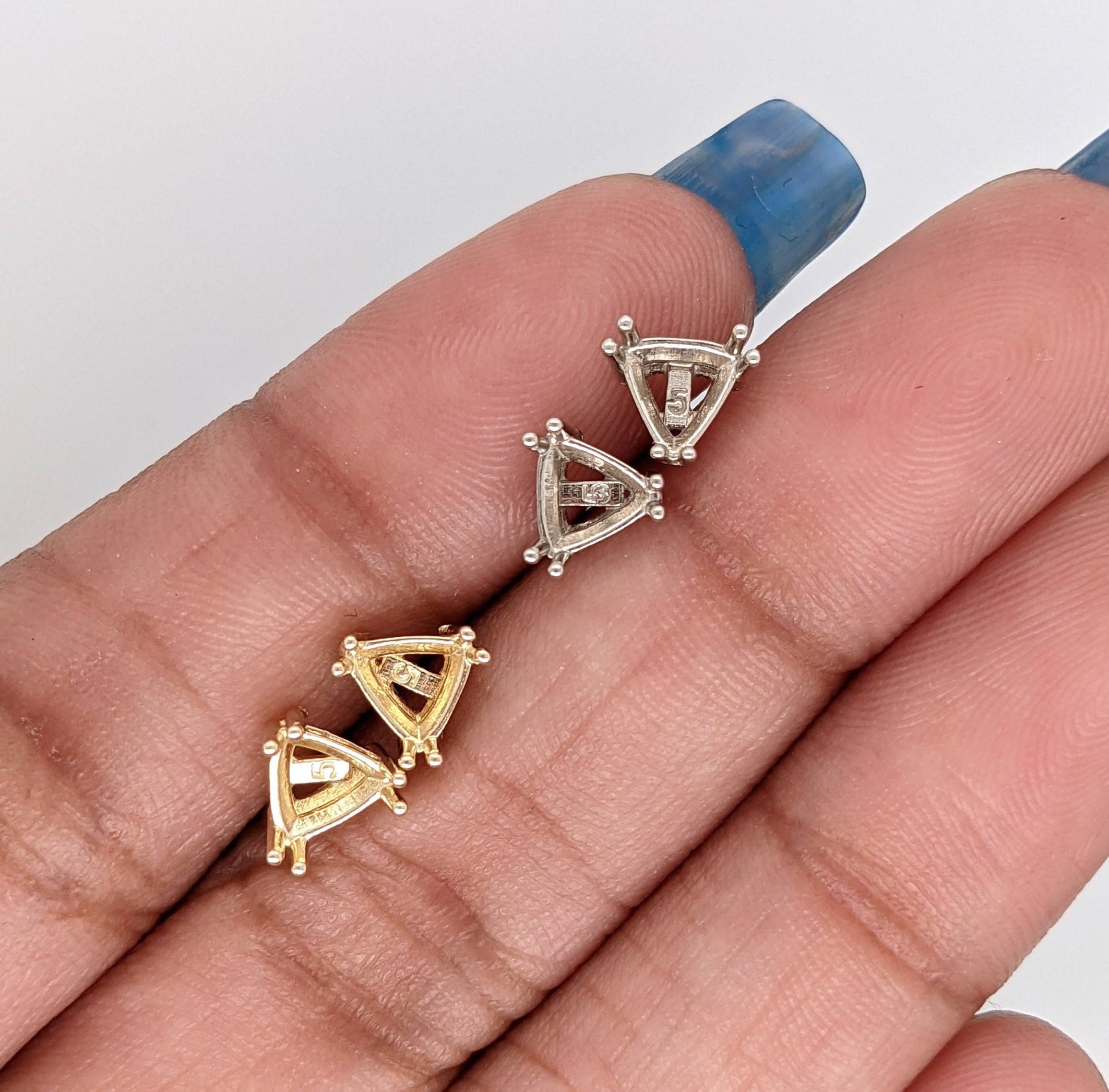 Trillion Earring Settings for Studs Solid 14k Gold Mounting | 4mm 5mm 6mm 7mm | Screw / Push Backs | Solitaire Findings | 3 Prong (Double)