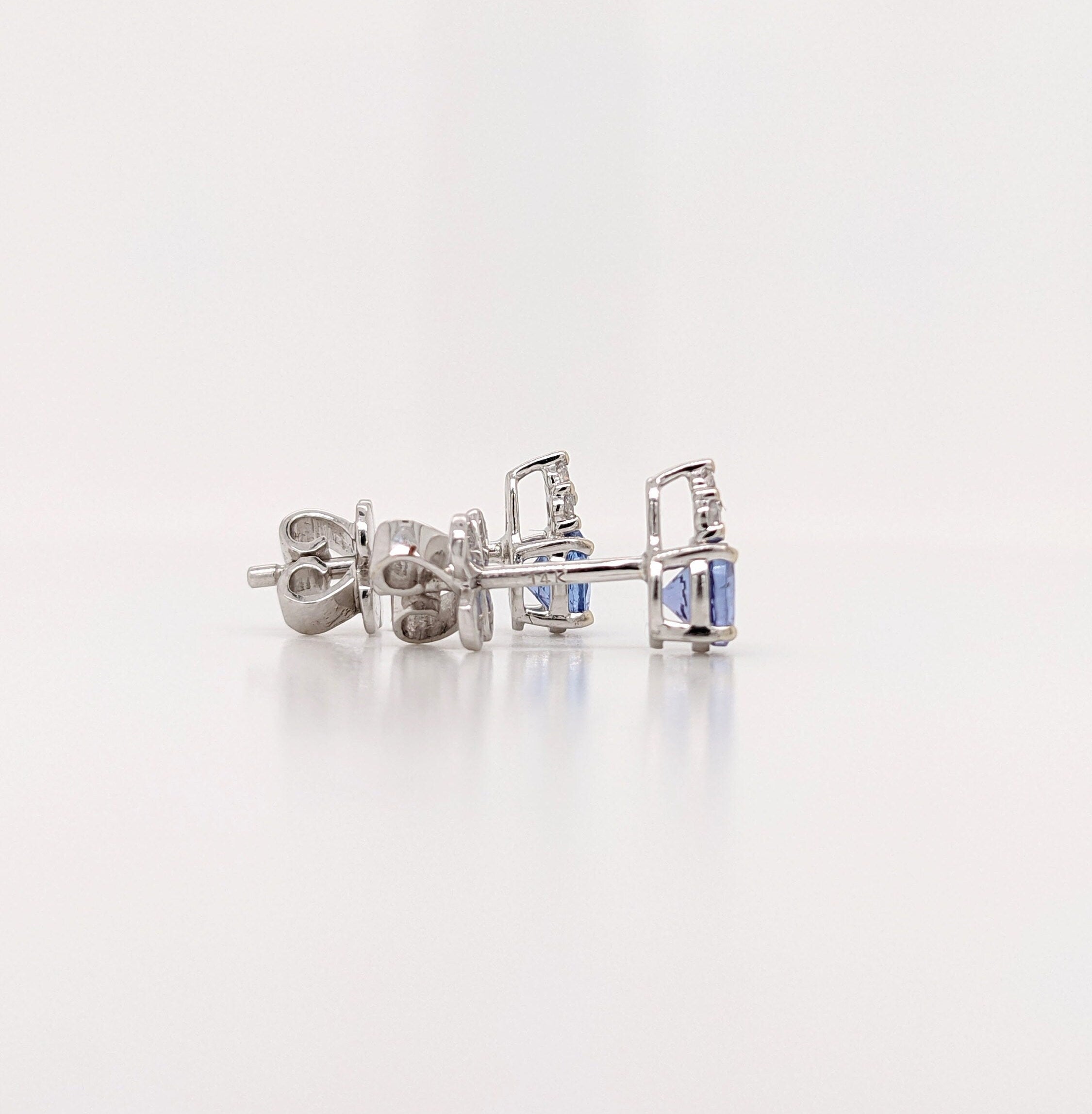 Tanzanite and Diamond Earring Studs in Solid 14K White Gold | Round 4mm | December Birthstone | Ready to Ship!