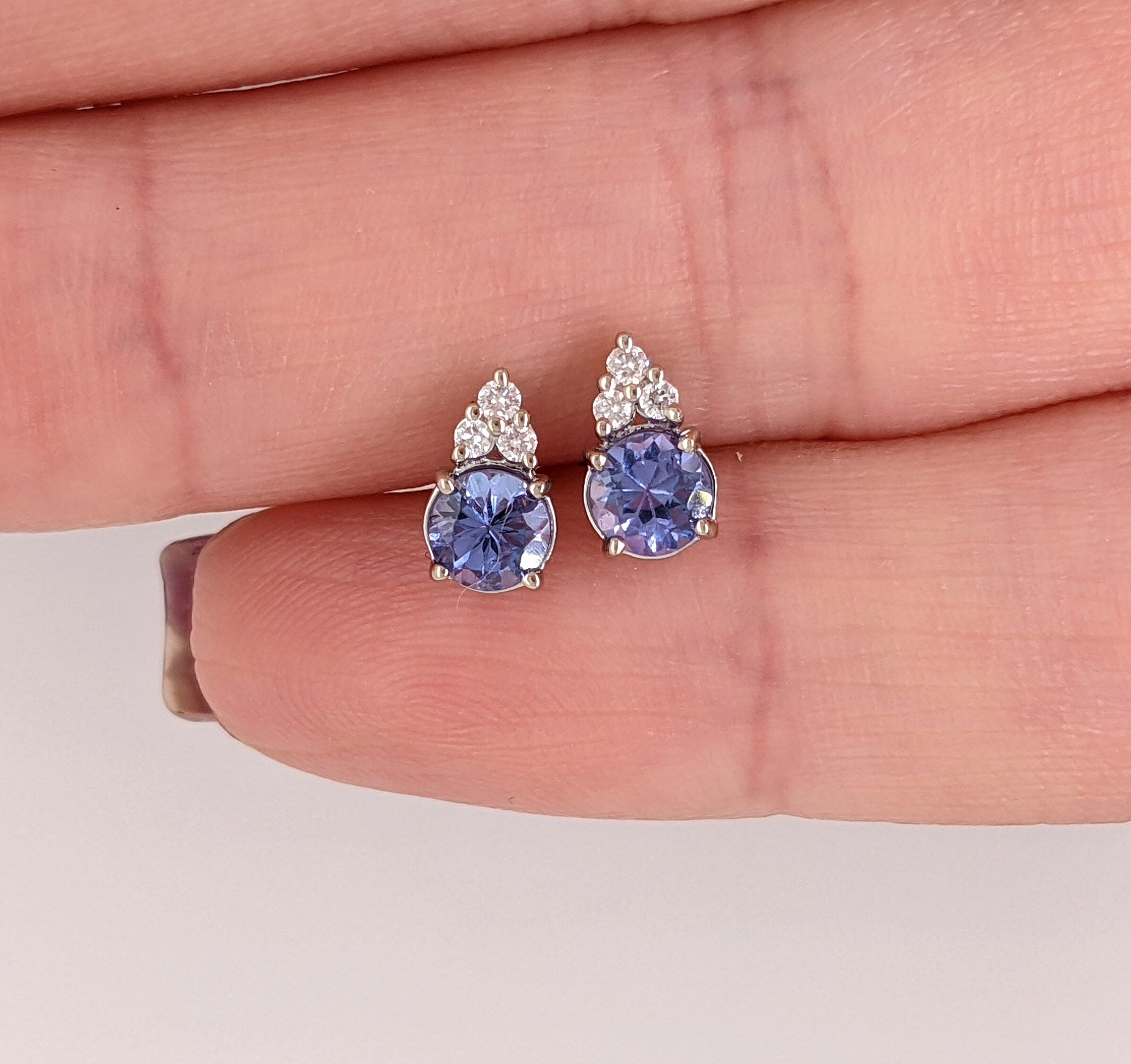 Tanzanite and Diamond Earring Studs in Solid 14K White Gold | Round 4mm | December Birthstone | Ready to Ship!