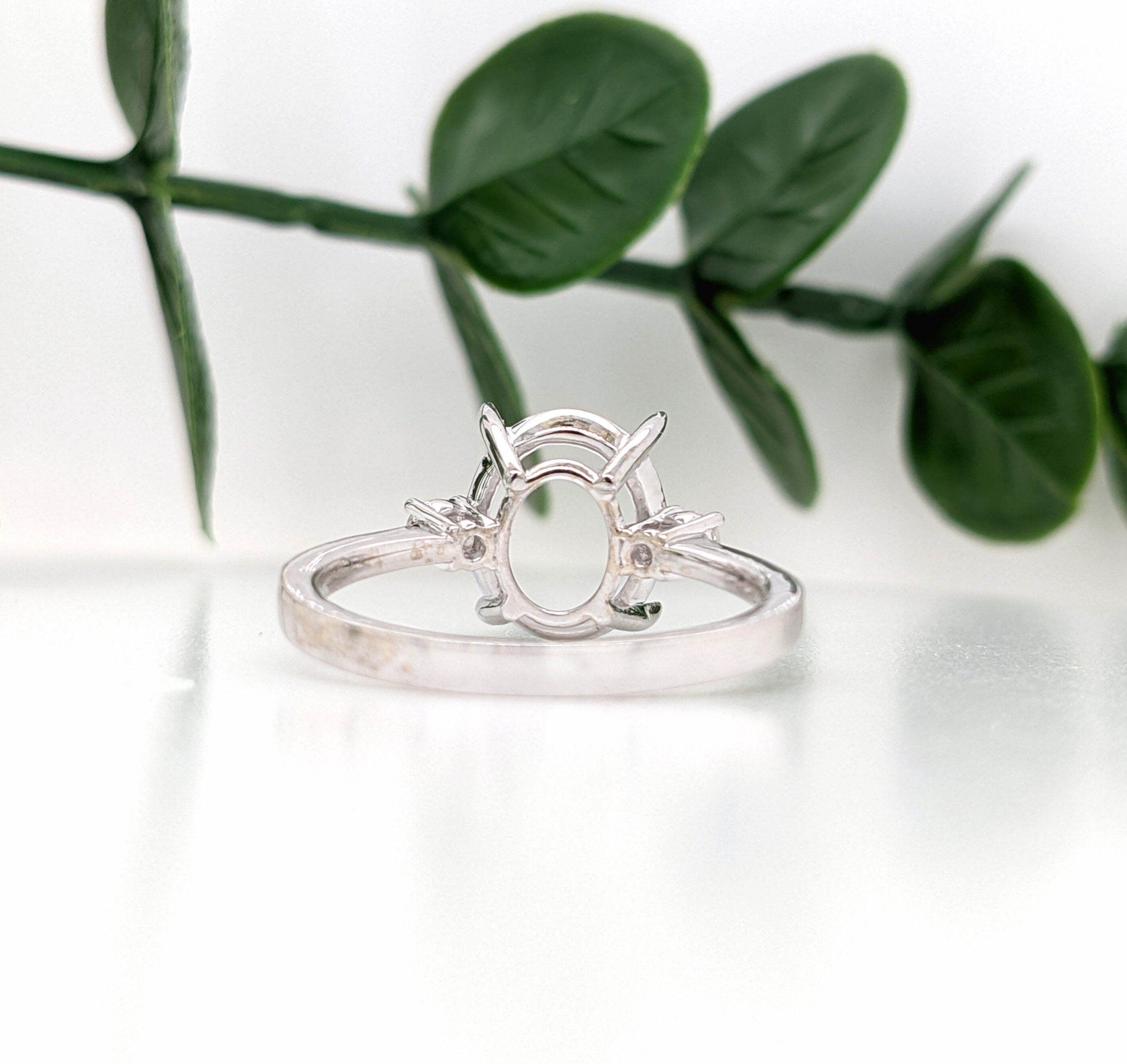 Minimalist Ring Semi Mount w Natural Diamond Accents in 14K Solid Gold | Oval Shape | Elegant | Daily Wear | 3 Stone Ring | Customizable