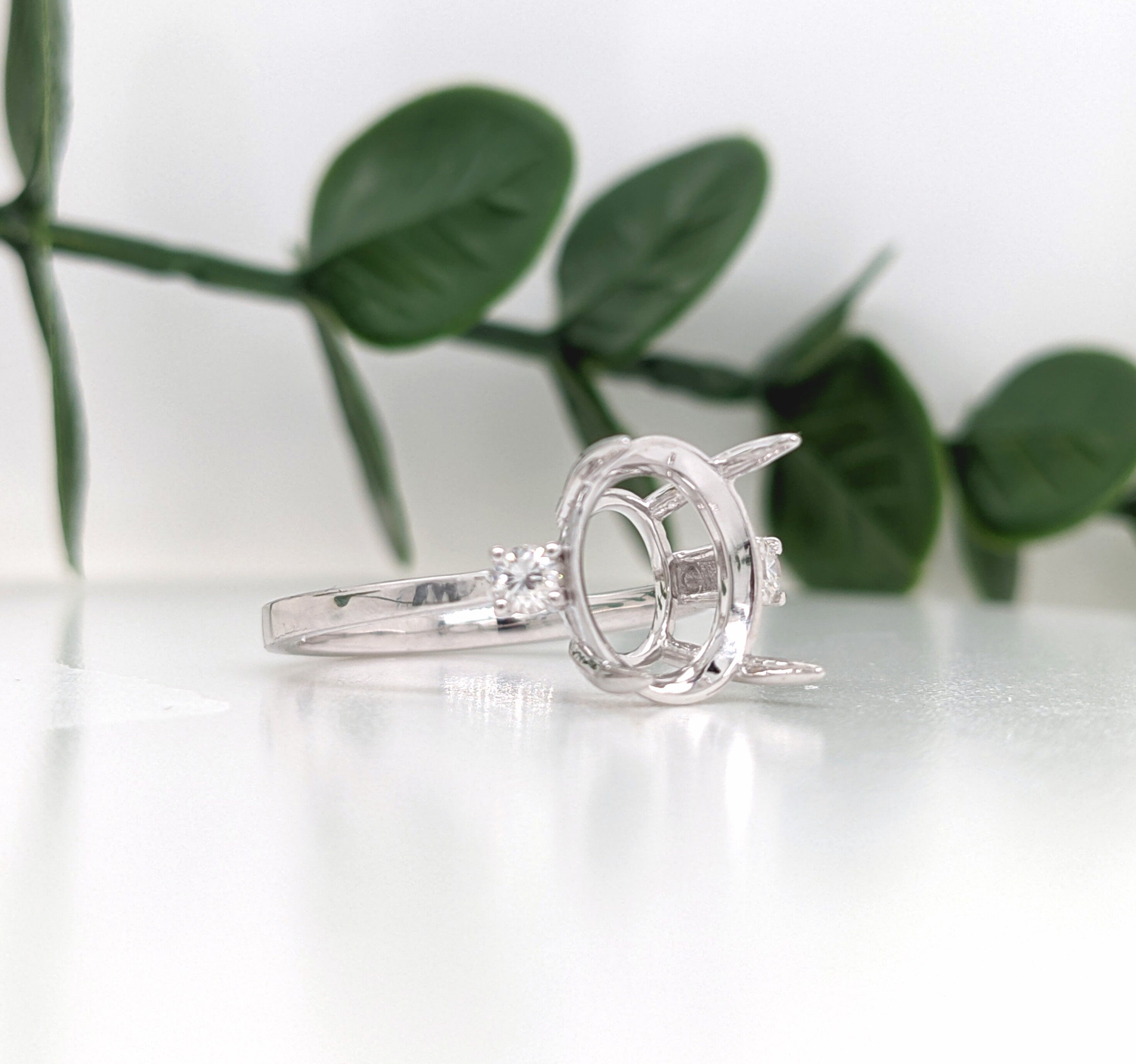 Minimalist Ring Semi Mount w Natural Diamond Accents in 14K Solid Gold | Oval Shape | Elegant | Daily Wear | 3 Stone Ring | Customizable