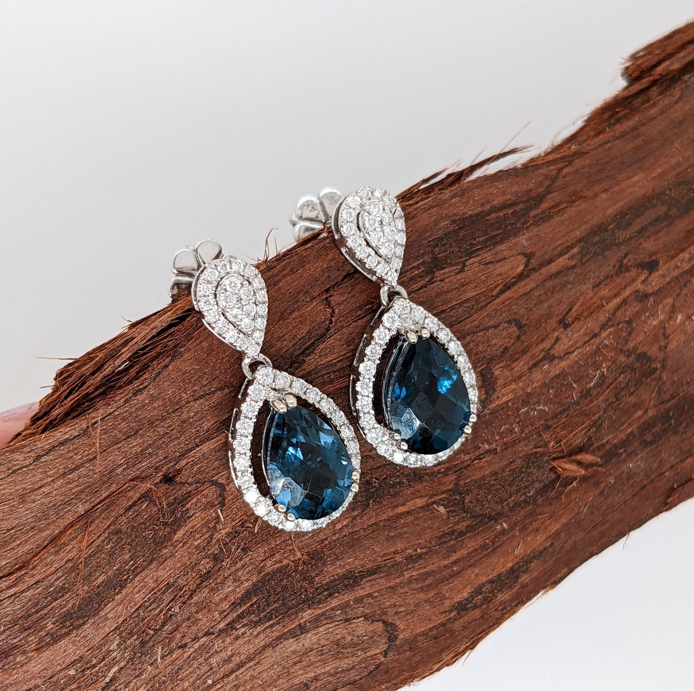 Stunning London Blue Topaz Dangle Earrings in Solid 14k White Gold | Pear Shape 8x6mm | Push Back | Blue Gemstone Earrings | LBT | Custom