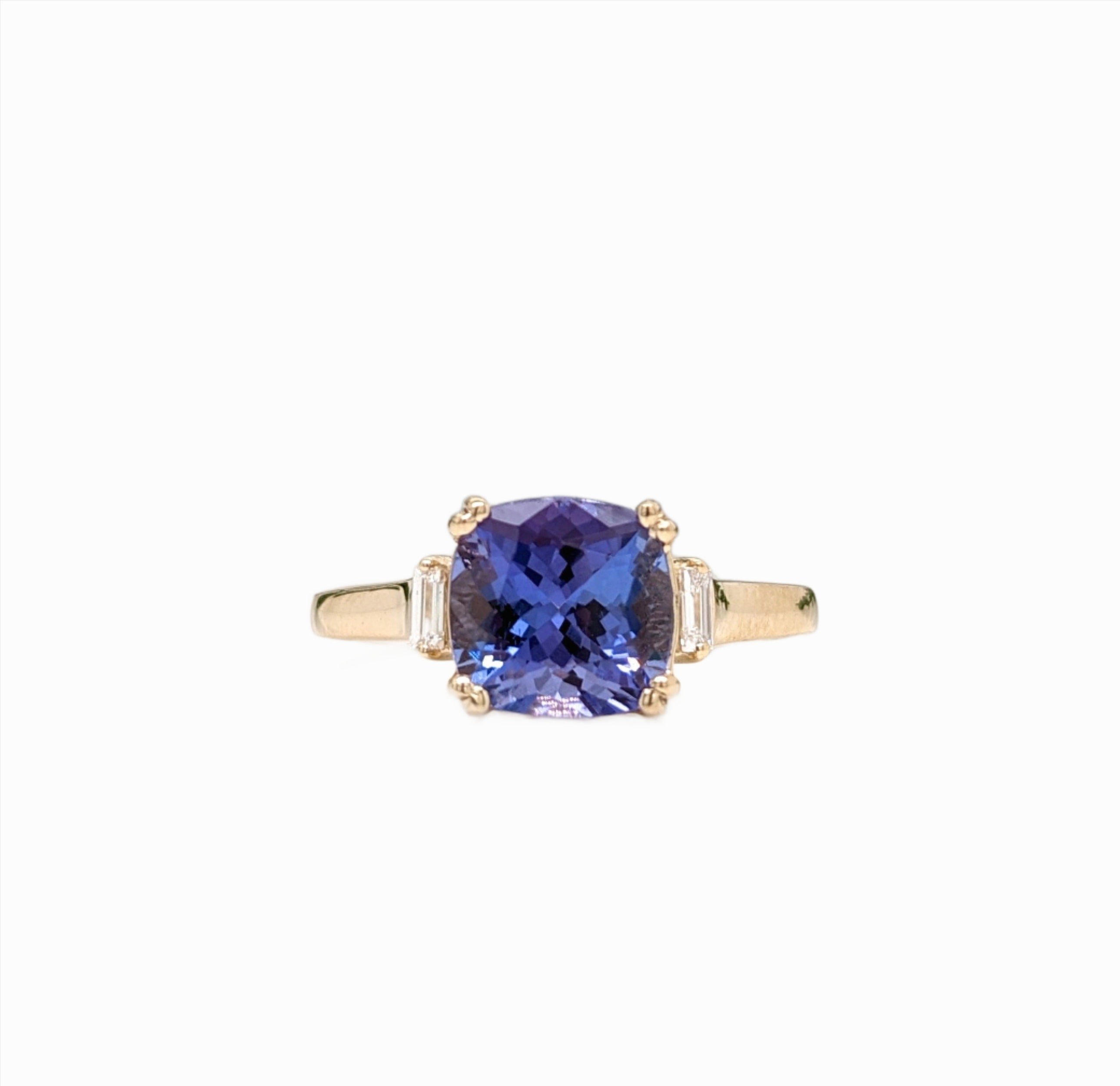 AAA Tanzanite Ring in 14K Yellow Gold w Baguette Diamond Accents | 2.27cts Cushion 8mm | Purple and Red Flashes | December Birthstone Ring