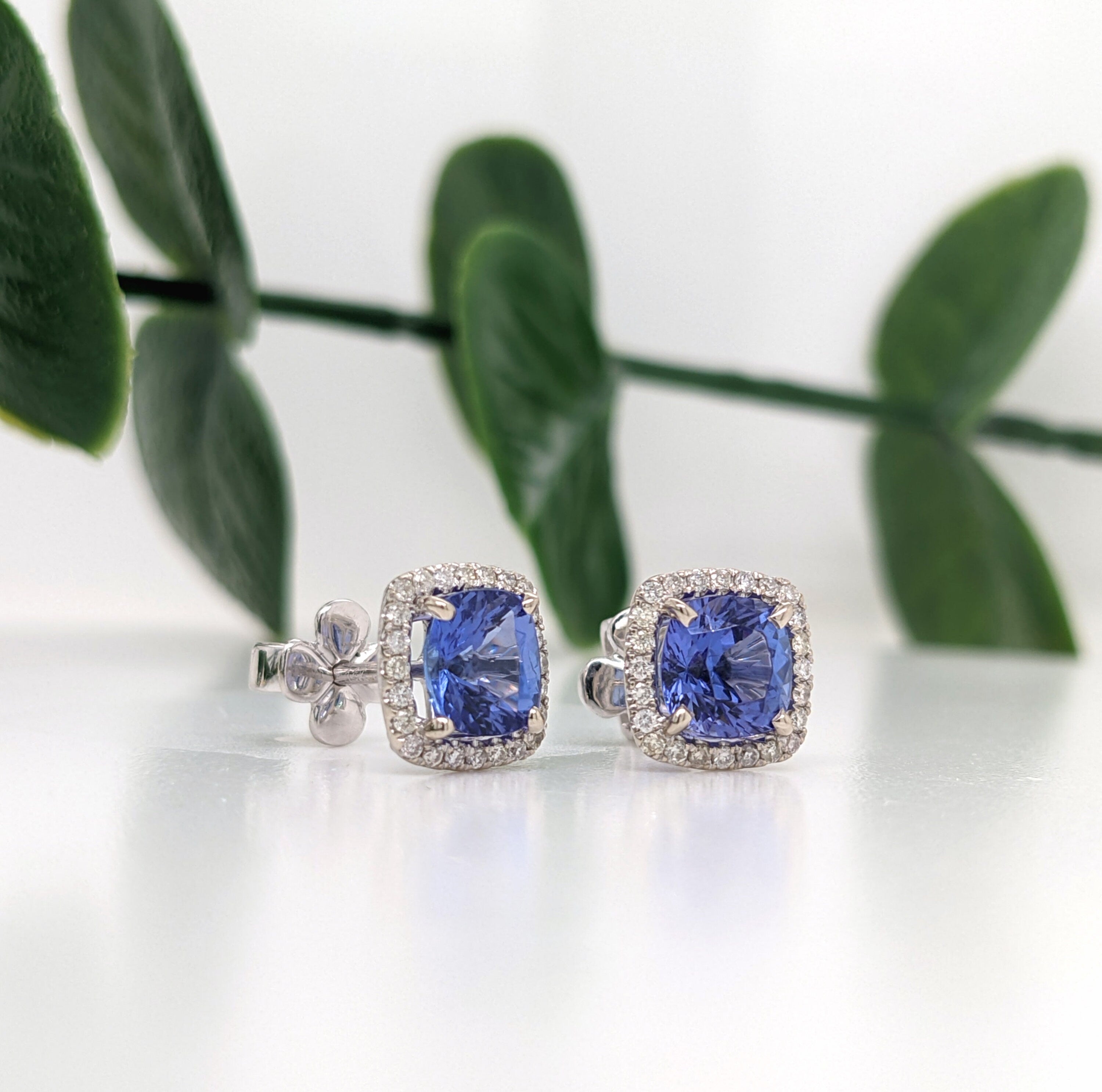 Gorgeous AAA Tanzanite Diamond Halo Studs 14K White Gold | Cushion 6mm | Blue Gemstone Earrings | December Birthstone | Custom | Sparkly