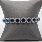 Stunning Sapphire Bracelet with Round Diamond Halo | Gemstone Tennis Bracelet in Solid 14k White Gold | 6mm Blue Gemstone | Ready to Ship!!!