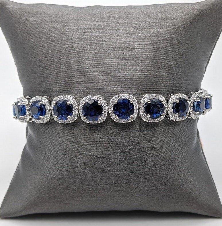 Stunning Sapphire Bracelet with Round Diamond Halo | Gemstone Tennis Bracelet in Solid 14k White Gold | 6mm Blue Gemstone | Ready to Ship!!!