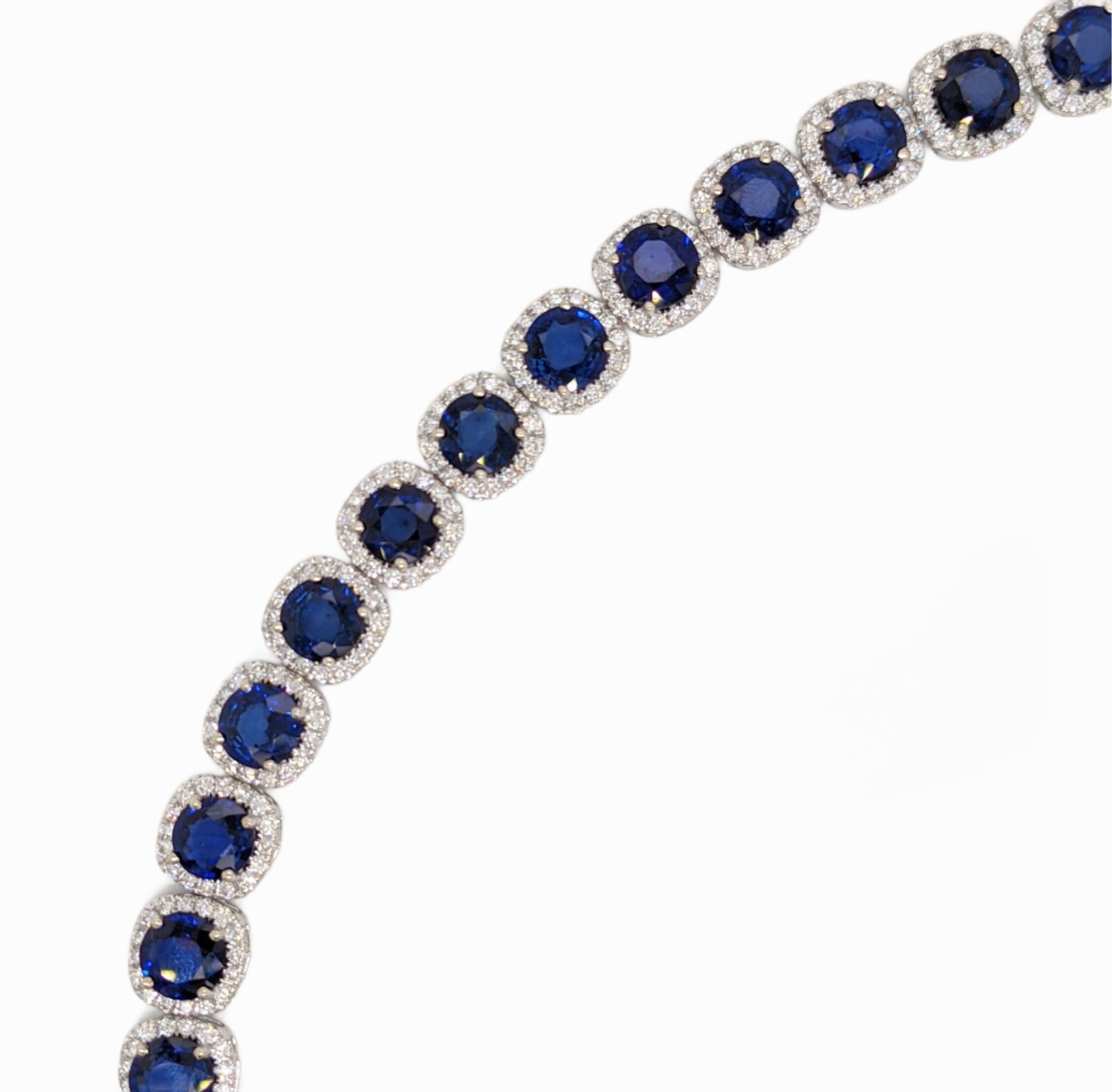 Stunning Sapphire Bracelet with Round Diamond Halo | Gemstone Tennis Bracelet in Solid 14k White Gold | 6mm Blue Gemstone | Ready to Ship!!!