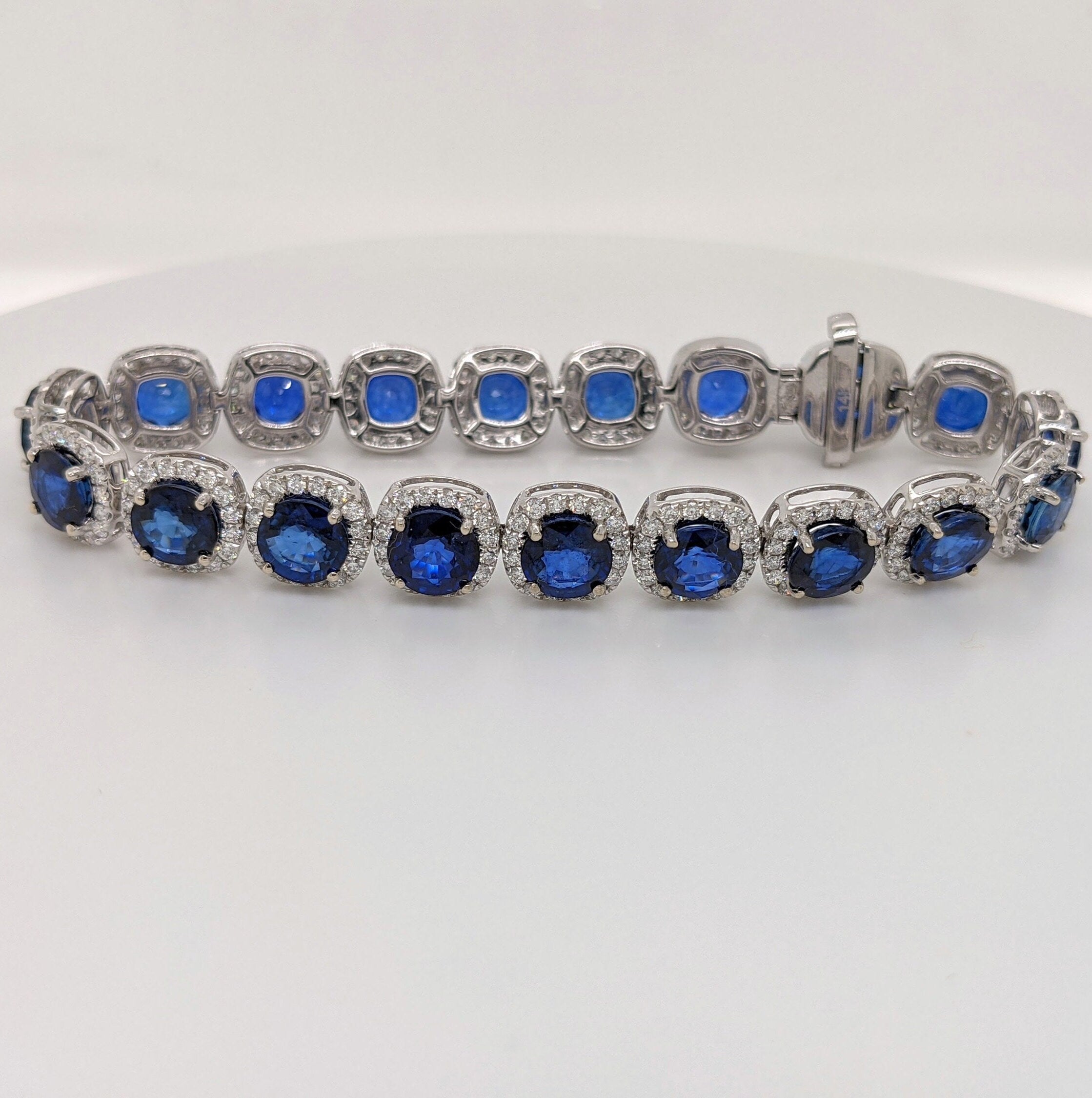 Stunning Sapphire Bracelet with Round Diamond Halo | Gemstone Tennis Bracelet in Solid 14k White Gold | 6mm Blue Gemstone | Ready to Ship!!!