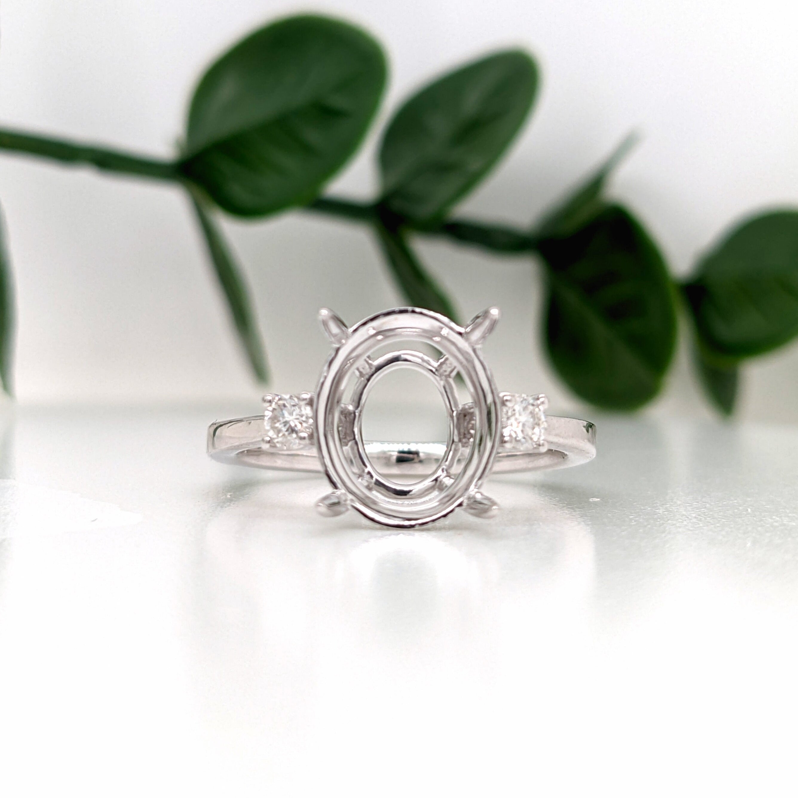 Minimalist Ring Semi Mount w Natural Diamond Accents in 14K Solid Gold | Oval Shape | Elegant | Daily Wear | 3 Stone Ring | Customizable