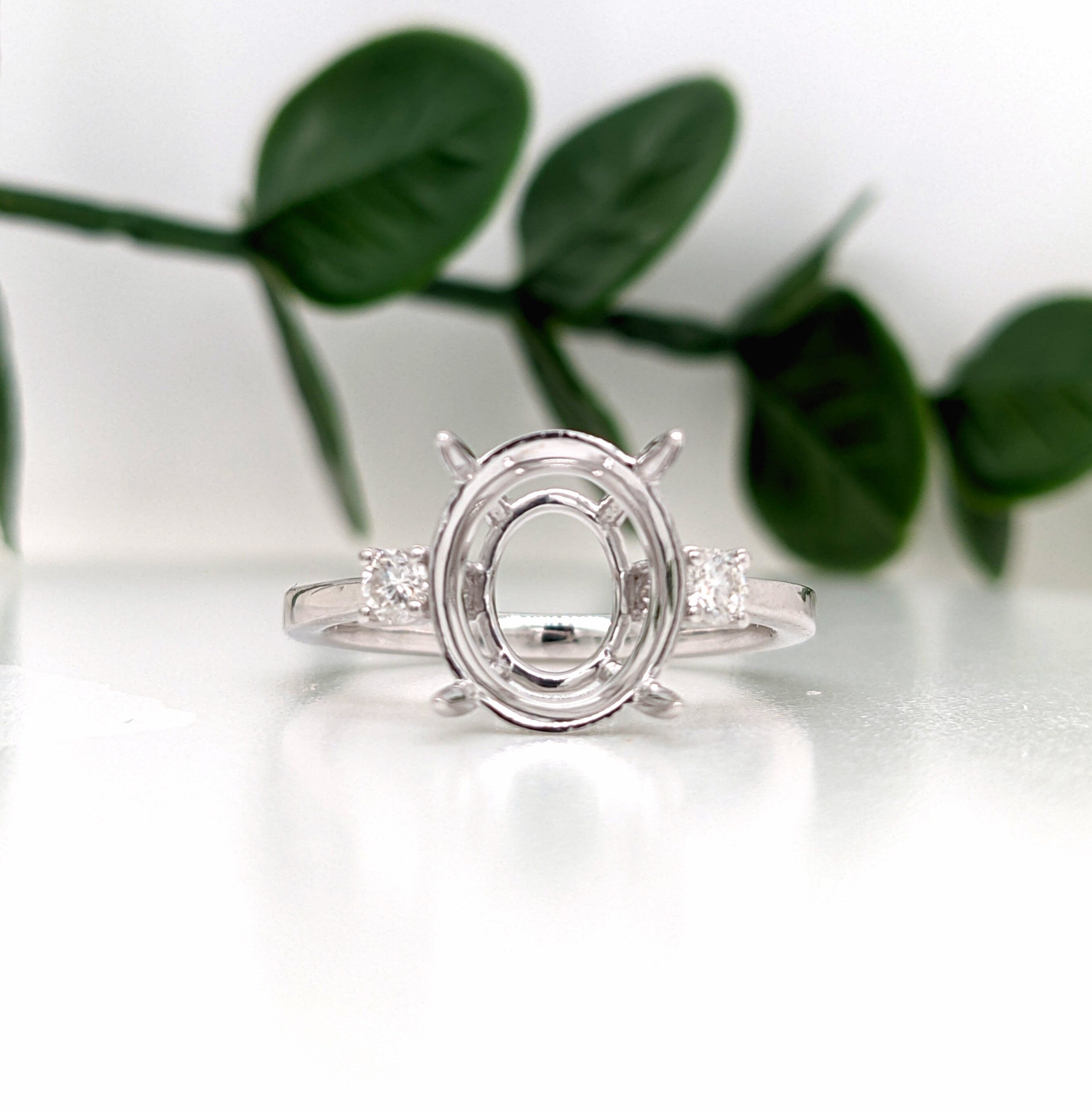 Minimalist Ring Semi Mount w Natural Diamond Accents in 14K Solid Gold | Oval Shape | Elegant | Daily Wear | 3 Stone Ring | Customizable