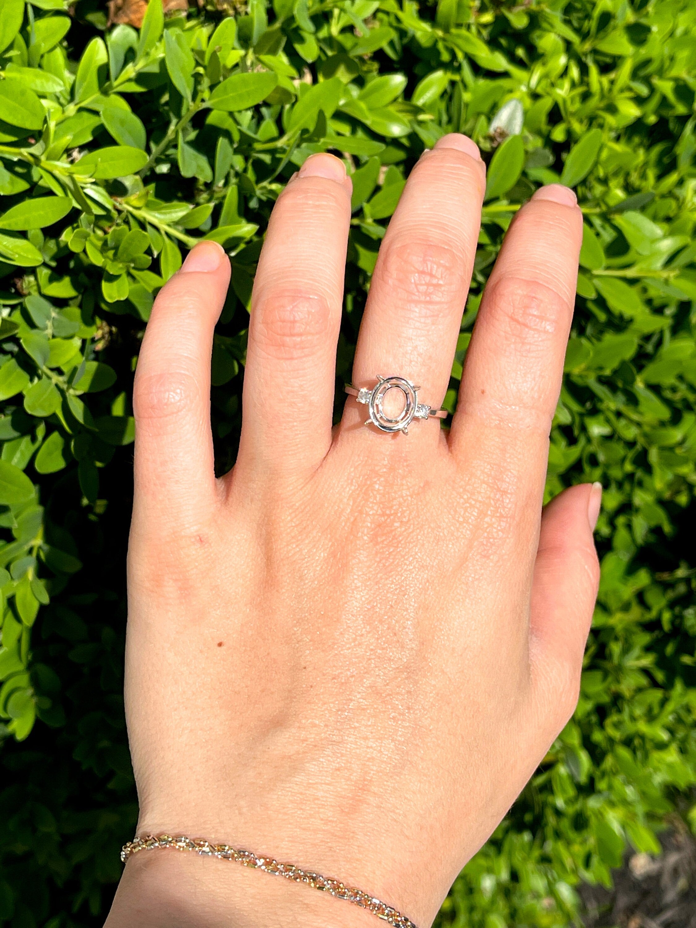 Minimalist Ring Semi Mount w Natural Diamond Accents in 14K Solid Gold | Oval Shape | Elegant | Daily Wear | 3 Stone Ring | Customizable