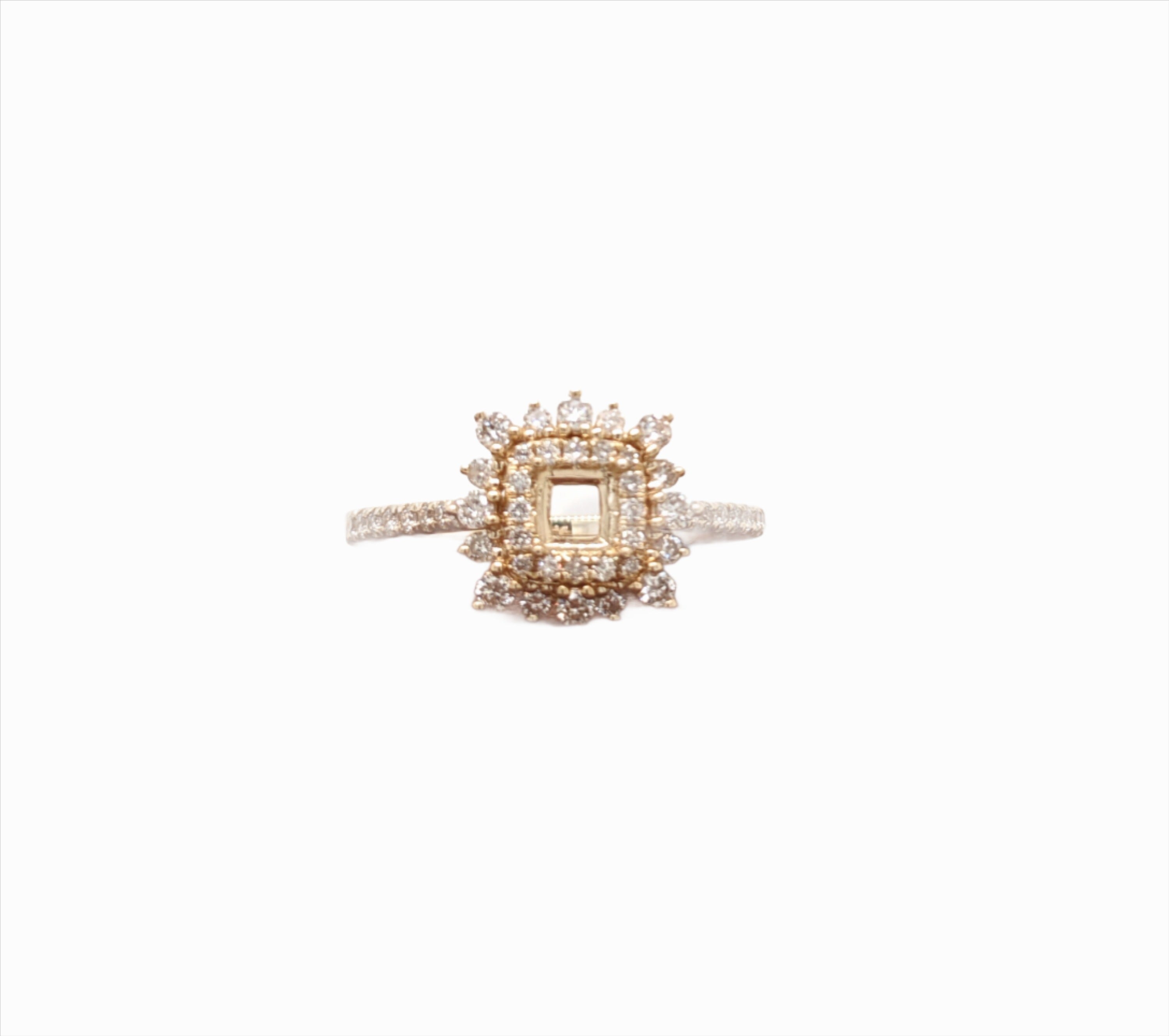 Cushion Double Diamond Halo Ring Semi Mount in 14K Gold | Square 4mm | Art Deco | Vintage Floral Design | Statement Ring | Custom Sizes