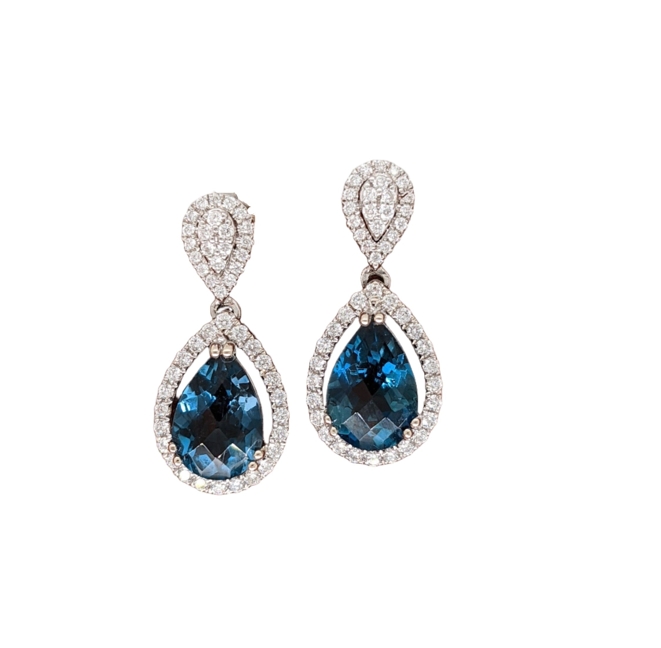 Stunning London Blue Topaz Dangle Earrings in Solid 14k White Gold | Pear Shape 8x6mm | Push Back | Blue Gemstone Earrings | LBT | Custom