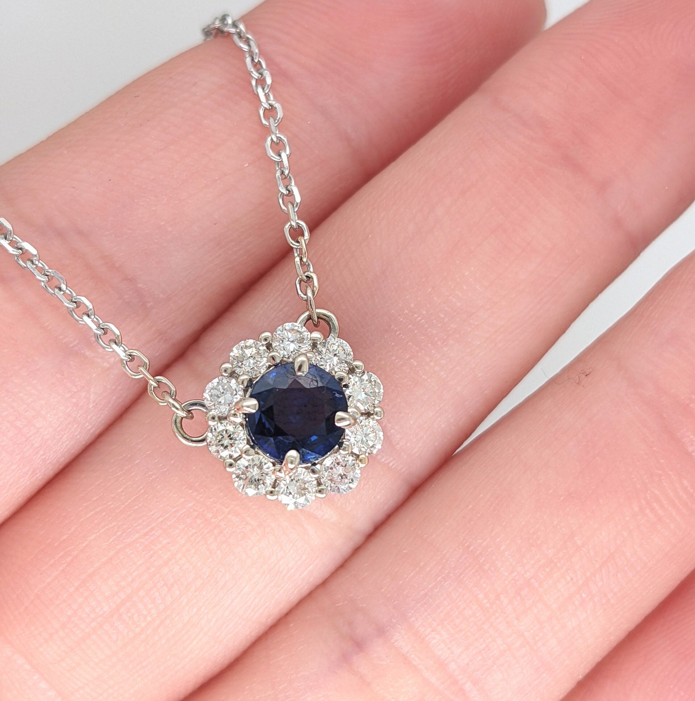Natural Sapphire & Diamond Halo Necklace in 14K White Gold | 1cts Round 6mm | September Birthstone | Something Blue | Anniversary Gift