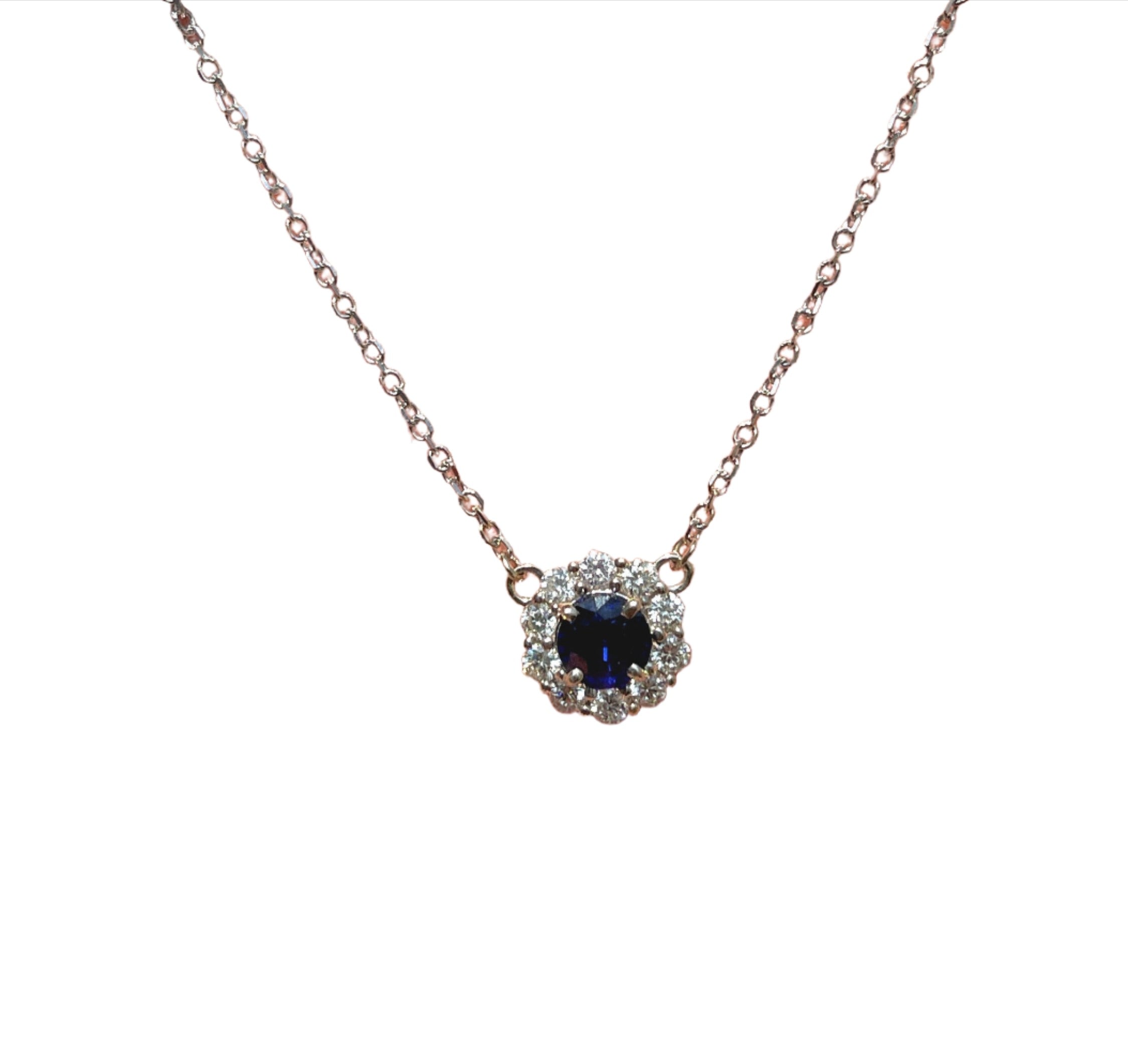 Natural Sapphire & Diamond Halo Necklace in 14K White Gold | 1cts Round 6mm | September Birthstone | Something Blue | Anniversary Gift