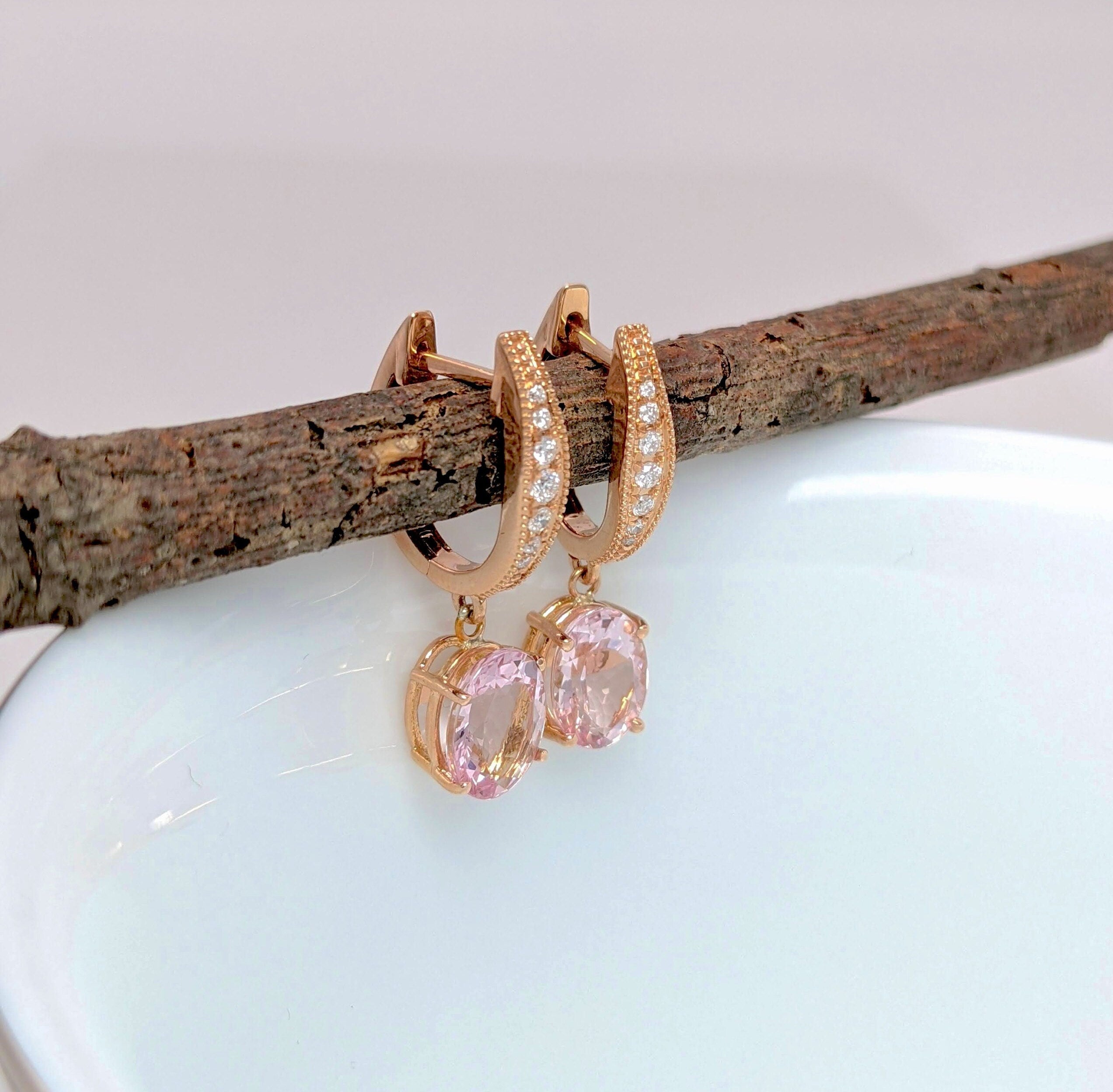 Dangle & Drop Earrings-Unique Dangle Morganite Earrings with All Natural Diamond Accents in Solid 14k Rose Gold | Milgrain Detail | Oval 9x7mm | Pink Morganite - NNJGemstones