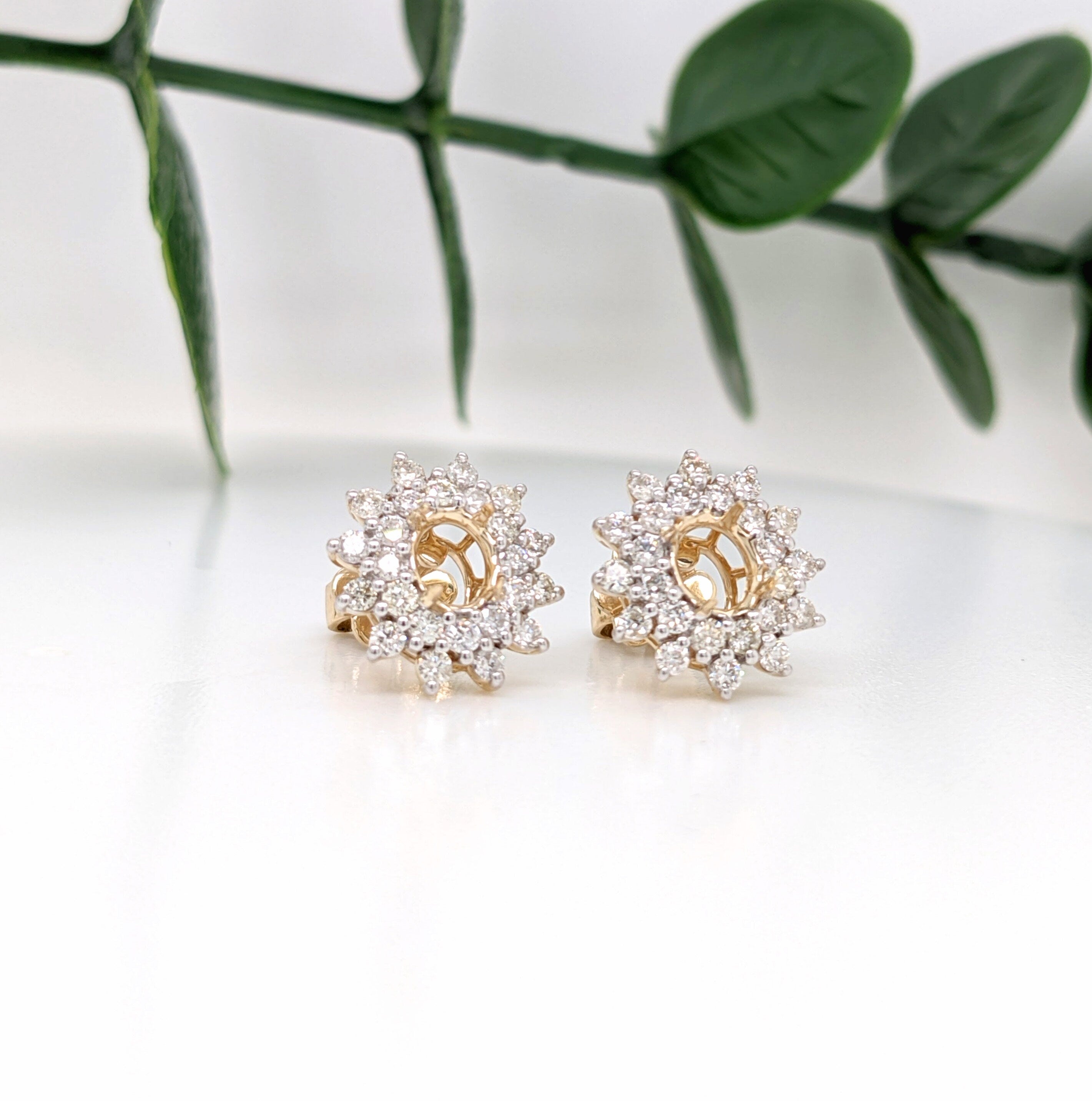 Floral Inspired Double Halo Earring Semi Mount 14K Gold | Oval Shape 5x4mm | Art Deco | Statement Studs | Collection Jewelry | Customizable
