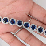 Stunning Sapphire Bracelet with Round Diamond Halo | Gemstone Tennis Bracelet in Solid 14k White Gold | 6mm Blue Gemstone | Ready to Ship!!!