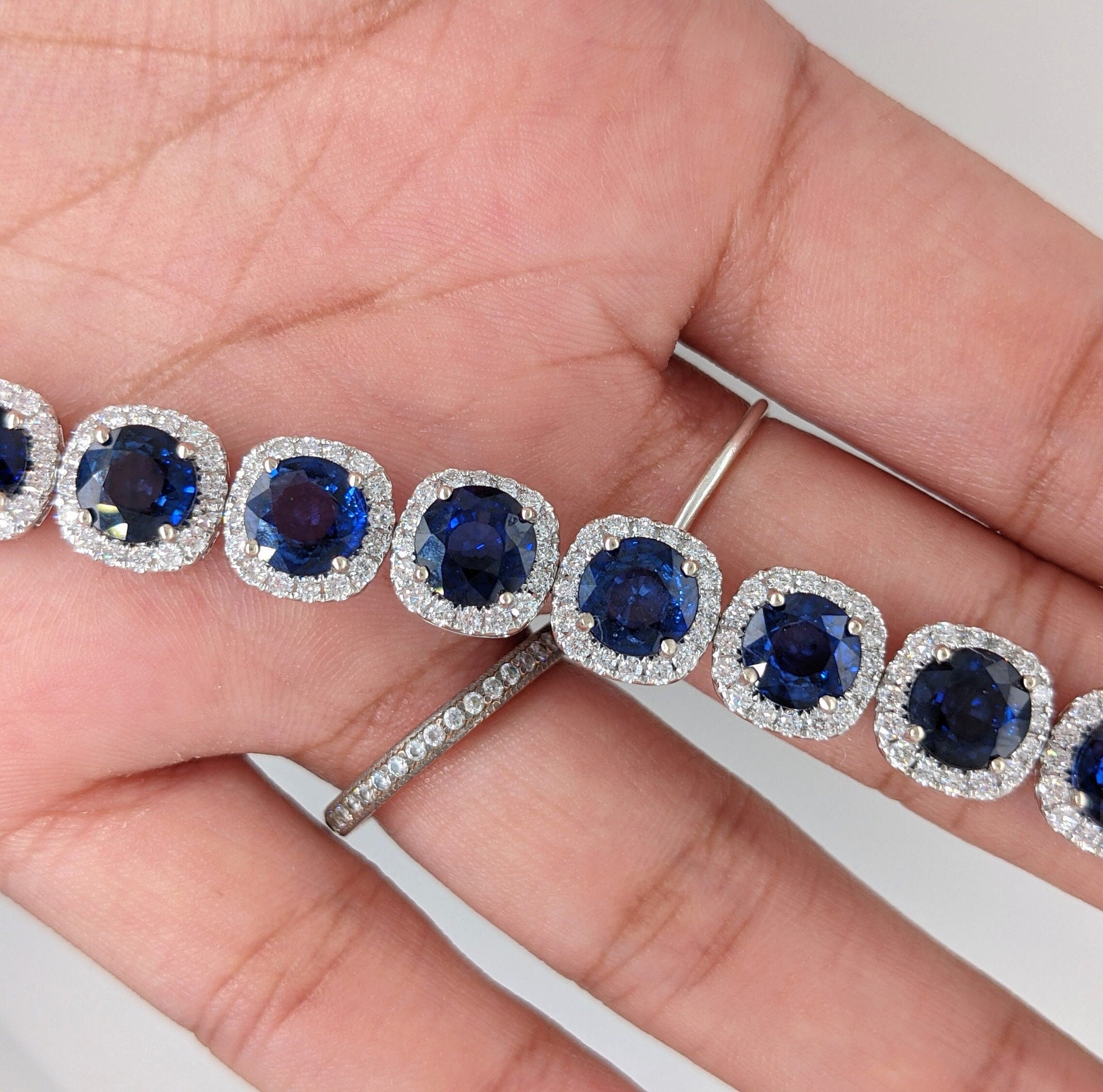 Stunning Sapphire Bracelet with Round Diamond Halo | Gemstone Tennis Bracelet in Solid 14k White Gold | 6mm Blue Gemstone | Ready to Ship!!!