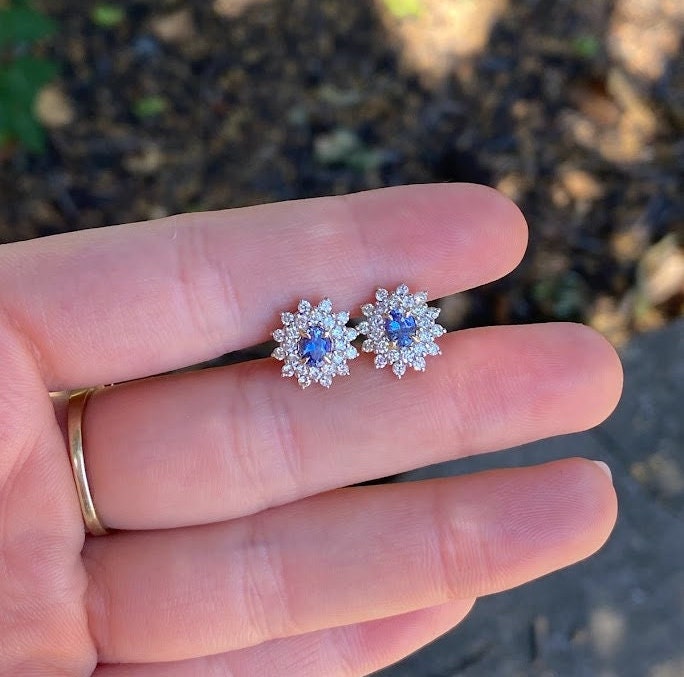Stunning Ceylon Blue Sapphire Earrings in 14K Gold with Unique Diamond Accents | Oval Shape 5x4mm | Halo | Studs | September Birthstone