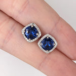 Blue Sapphire Stud Earrings with Natural Diamond Halo Accents in 14k Solid Yellow Gold / Cushion 6mm Setting with Round Gemstone / Pushback