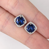 Blue Sapphire Stud Earrings with Natural Diamond Halo Accents in 14k Solid Yellow Gold / Cushion 6mm Setting with Round Gemstone / Pushback