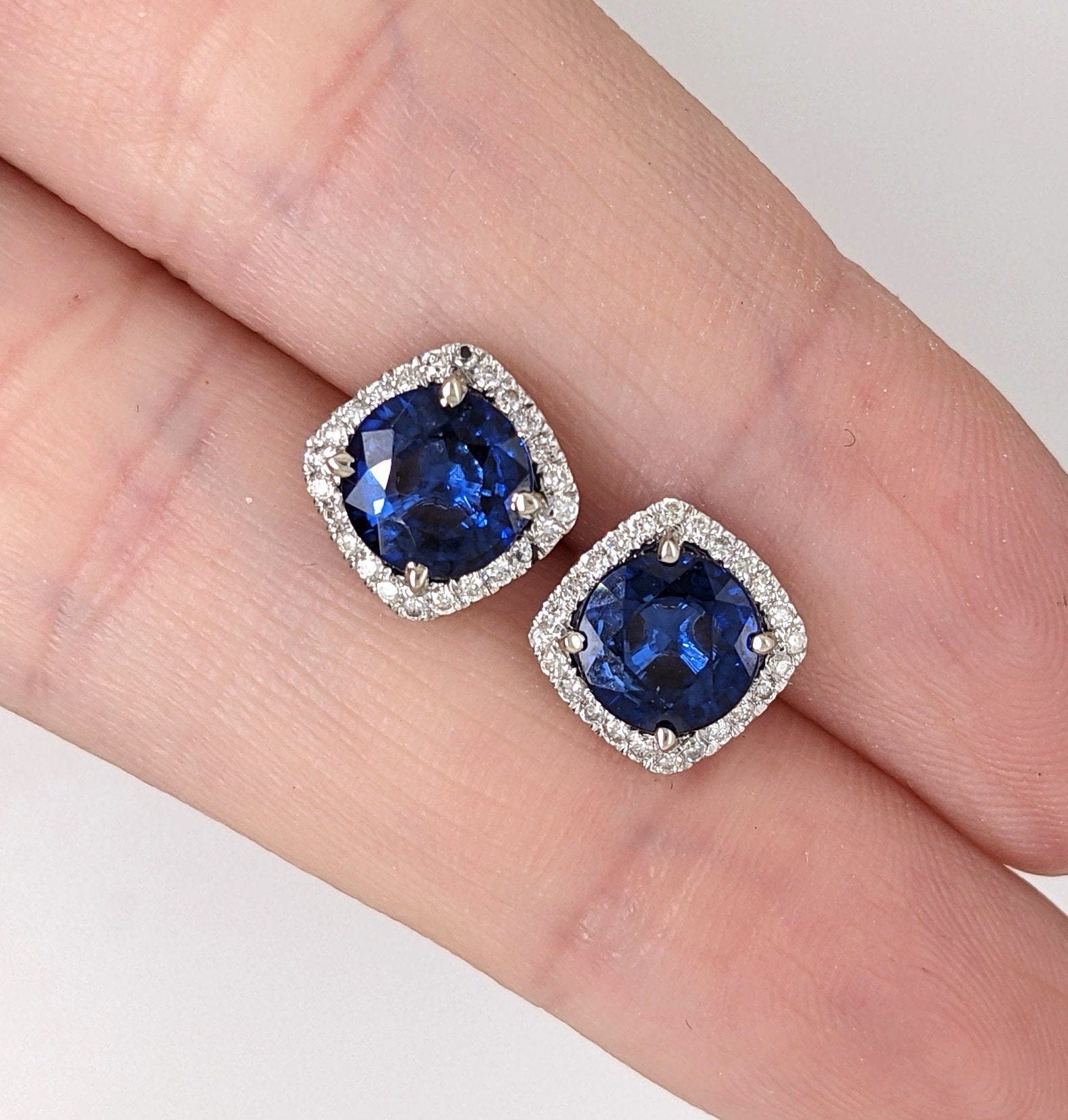 Blue Sapphire Stud Earrings with Natural Diamond Halo Accents in 14k Solid Yellow Gold / Cushion 6mm Setting with Round Gemstone / Pushback