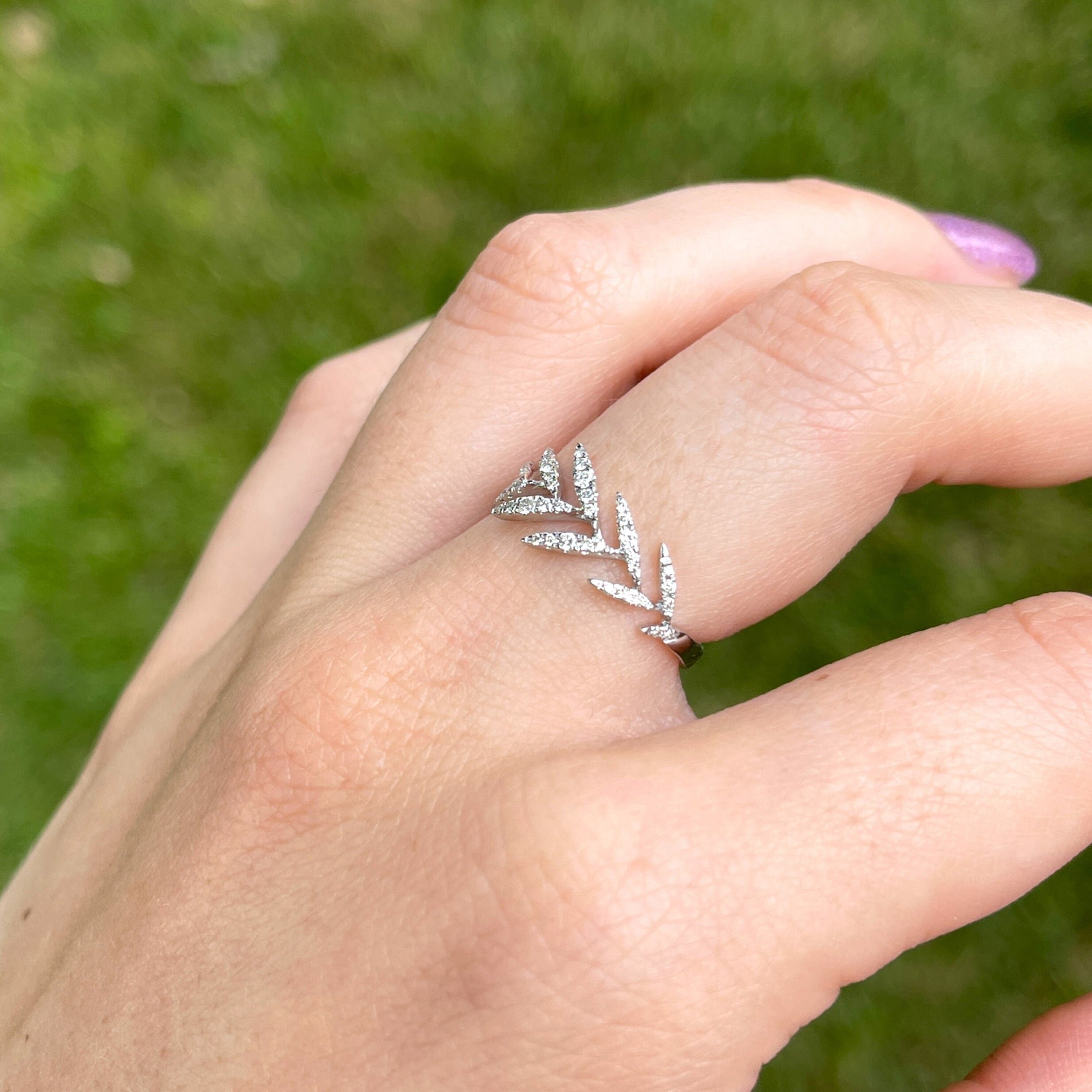 Palm Leaf Pave Diamond Band in Solid 14K Gold | Nature Inspired Ring | Chevron Design | Gold Band | Flower Ring | Tapered Band | Sizable