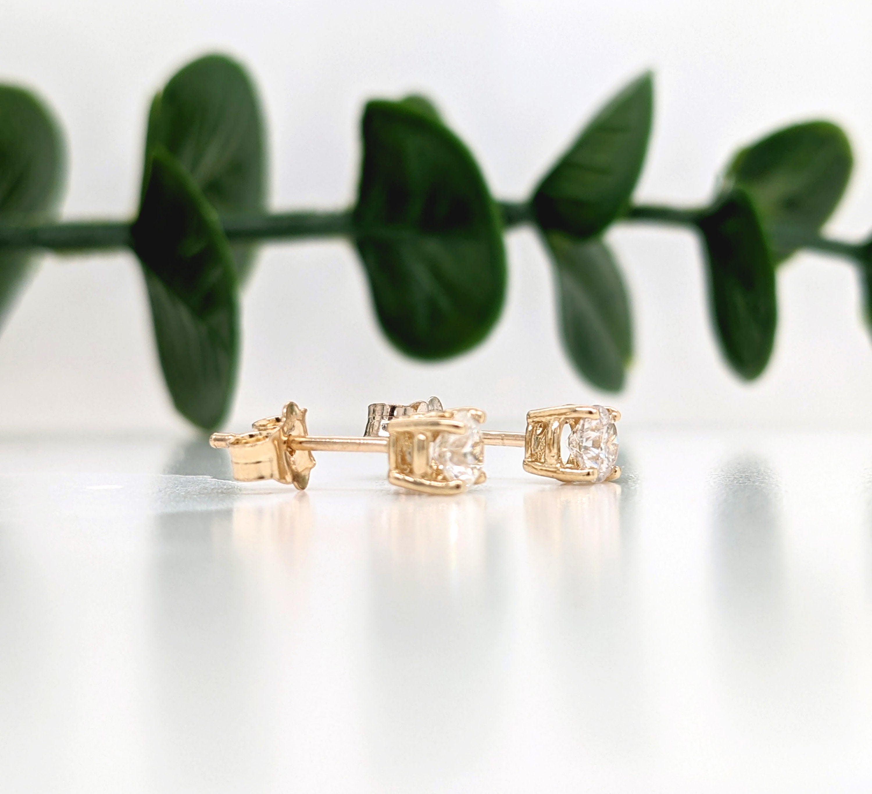 Natural and Earth Mined White Diamond Solitaire Studs in Solid 14K White, Yellow or Rose Gold | Round | 5mm 4mm 3mm | April Birthstone