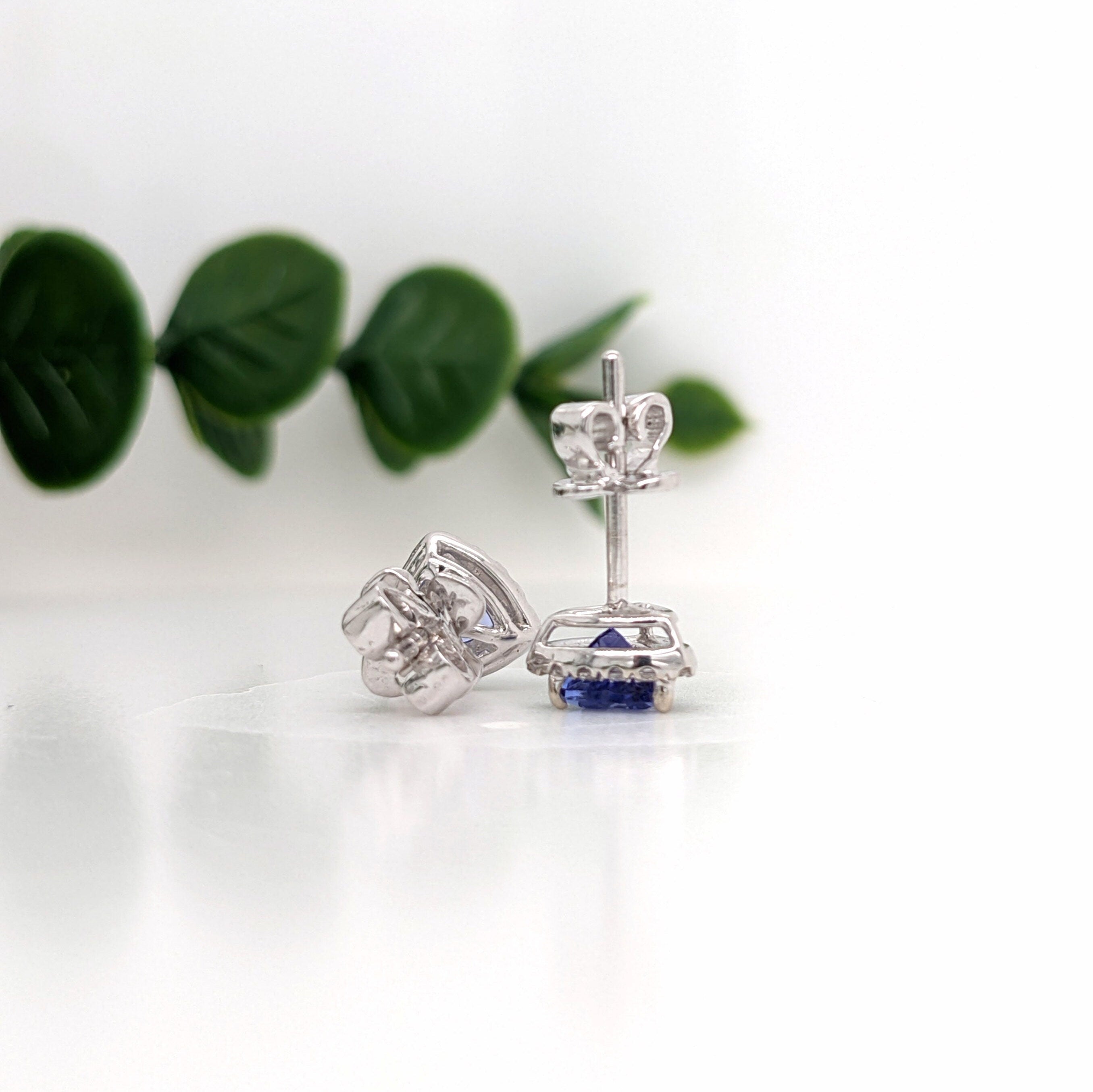 Genuine Tanzanite Earring in 14k White Gold w Diamond Halo | Trillion 4.5mm | December Birthstone | Secure Push Backs | Blue Gemstone Studs