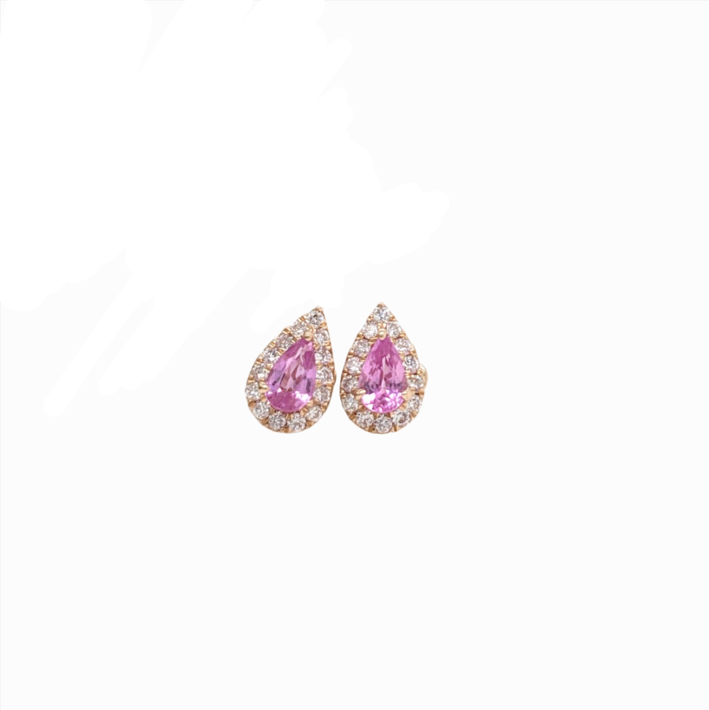 Stud Earrings-Petite Baby Pink Sapphire Earring Studs in 14k Yellow Gold with Diamond Halo | September Birthstone | Secure Push Backs | Pear Shape 5x3mm - NNJGemstones