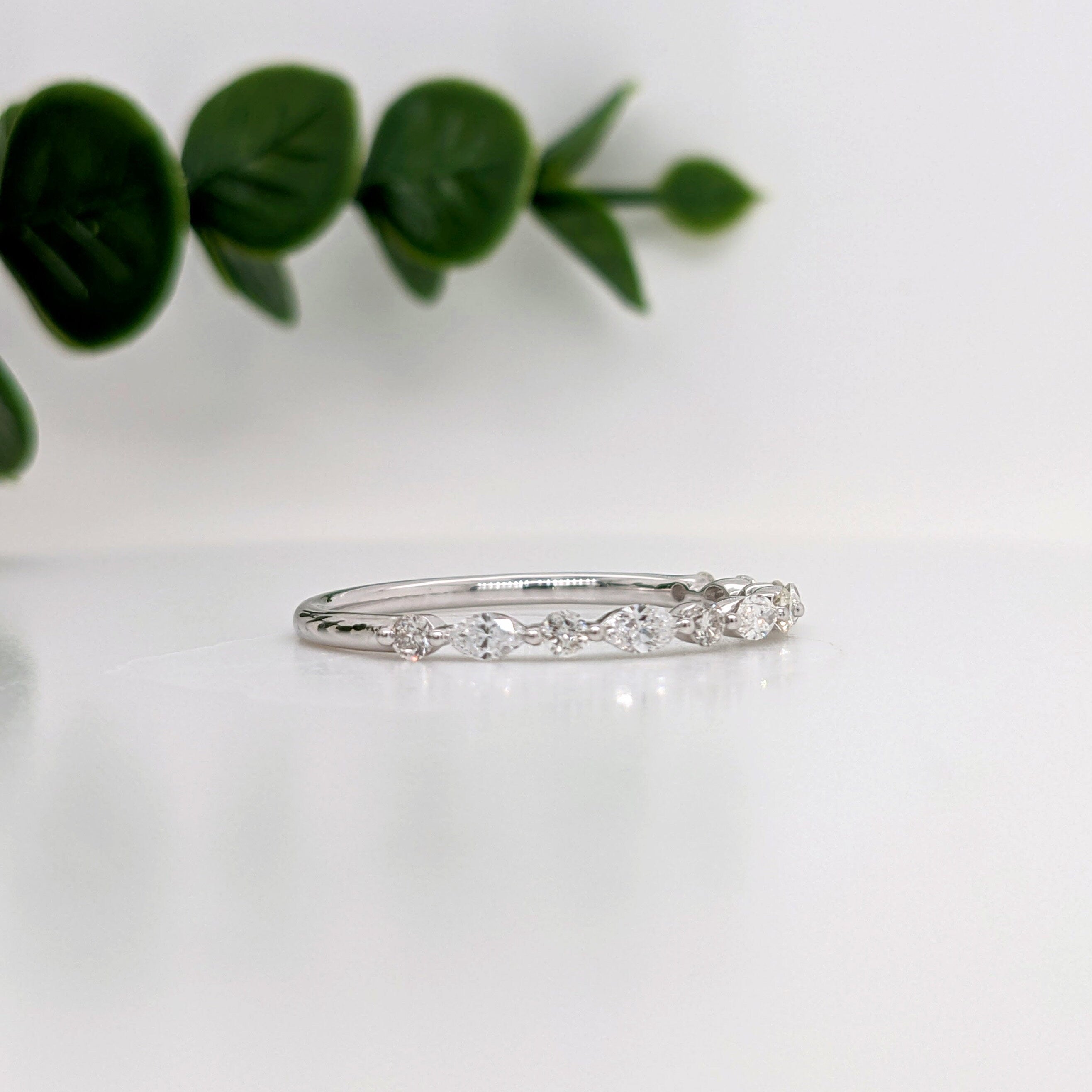 Stunning Diamond Half Eternity Wedding Band | Daily Wear Stackable Band w Marquise & Round Natural Diamonds | Solid 14k Gold | Customizable