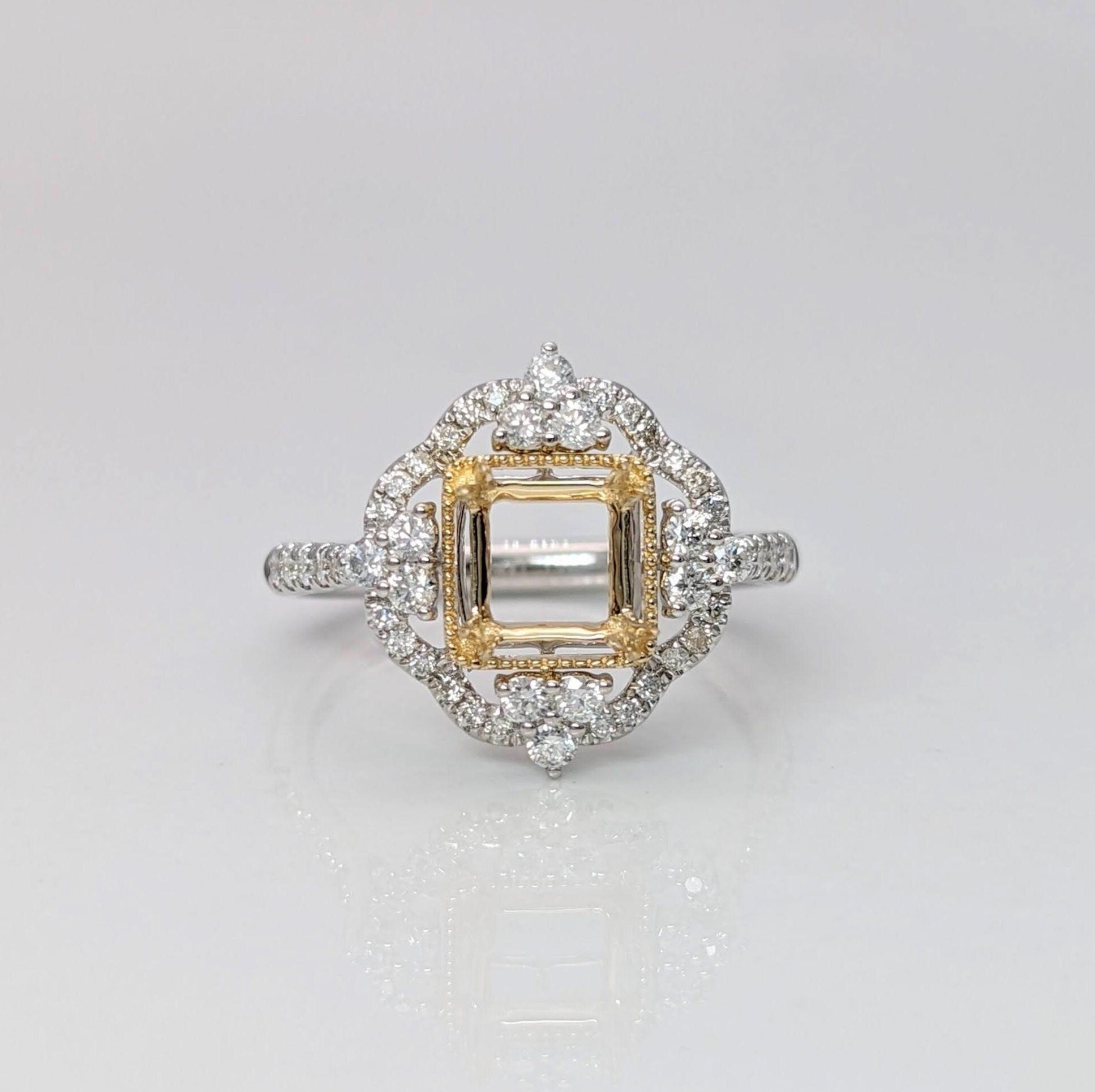 Vintage Inspired Ring Semi Mount in Solid 14k Gold | Emerald Cut 7x5mm 10x8mm | Dual Tone, White, Yellow or Rose Gold | Gemstone Setting