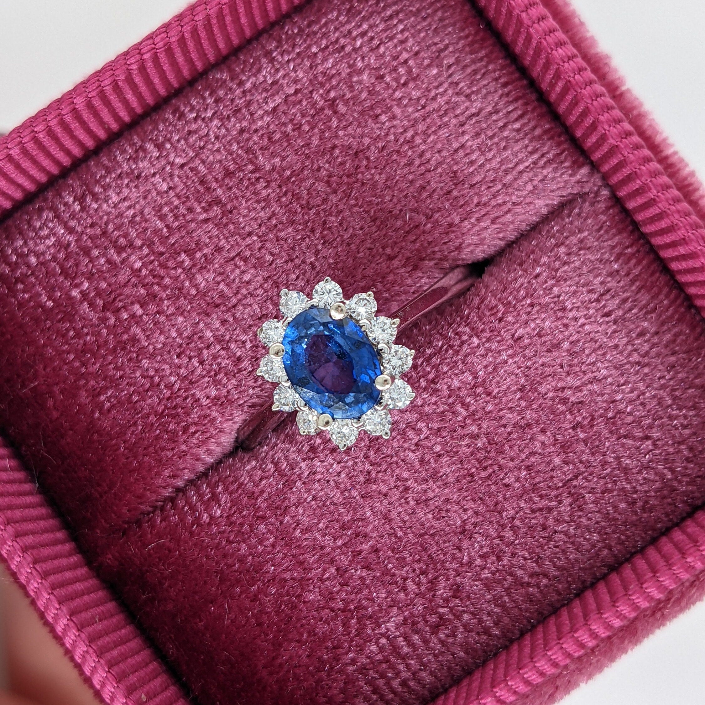 Blue Sapphire in 14K White Gold with Flower Diamond Halo I Oval 7x5mm Approx 1 carat Sapphire I Princess Diana Ring Style I Custom Available