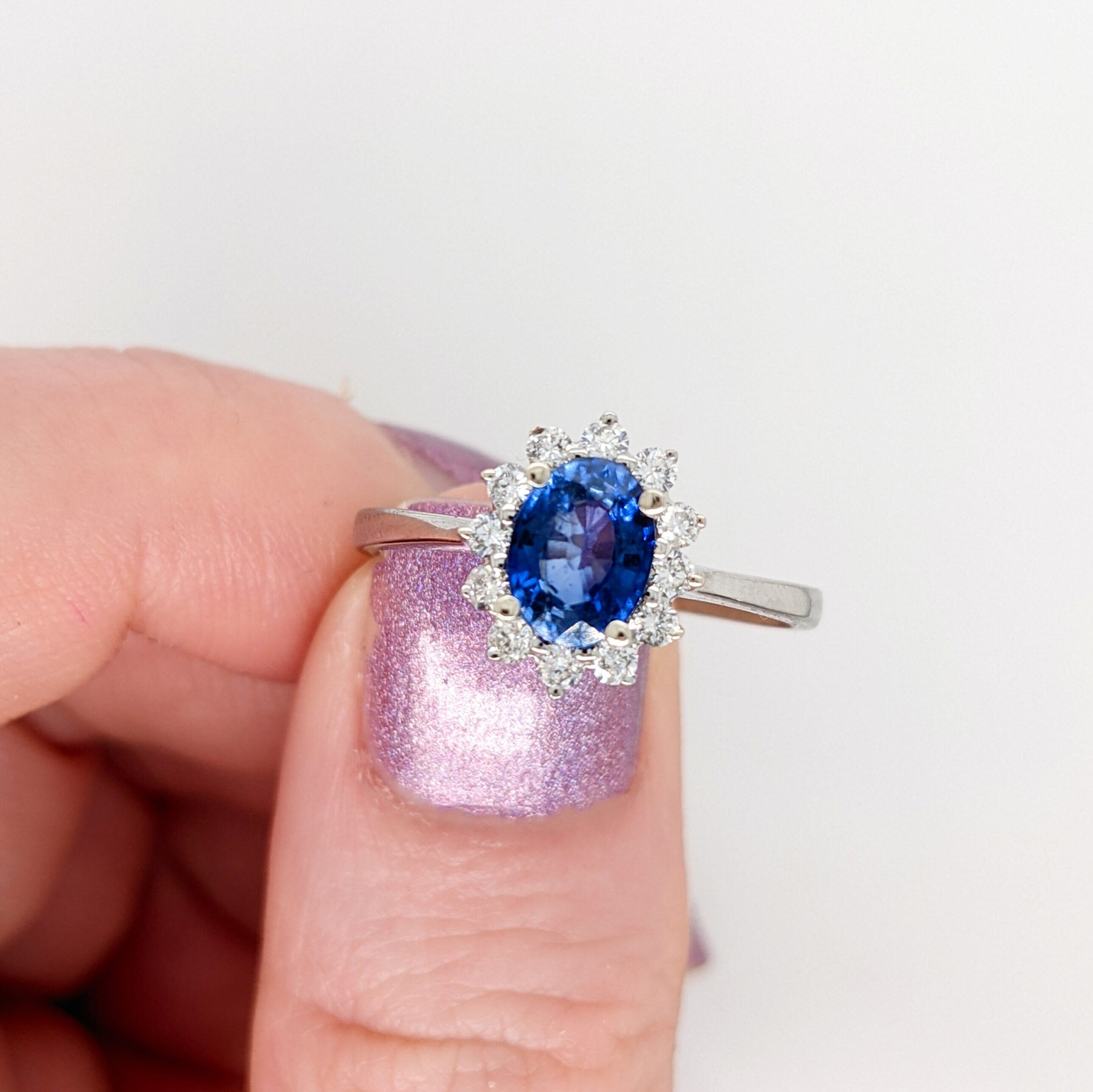Blue Sapphire in 14K White Gold with Flower Diamond Halo I Oval 7x5mm Approx 1 carat Sapphire I Princess Diana Ring Style I Custom Available