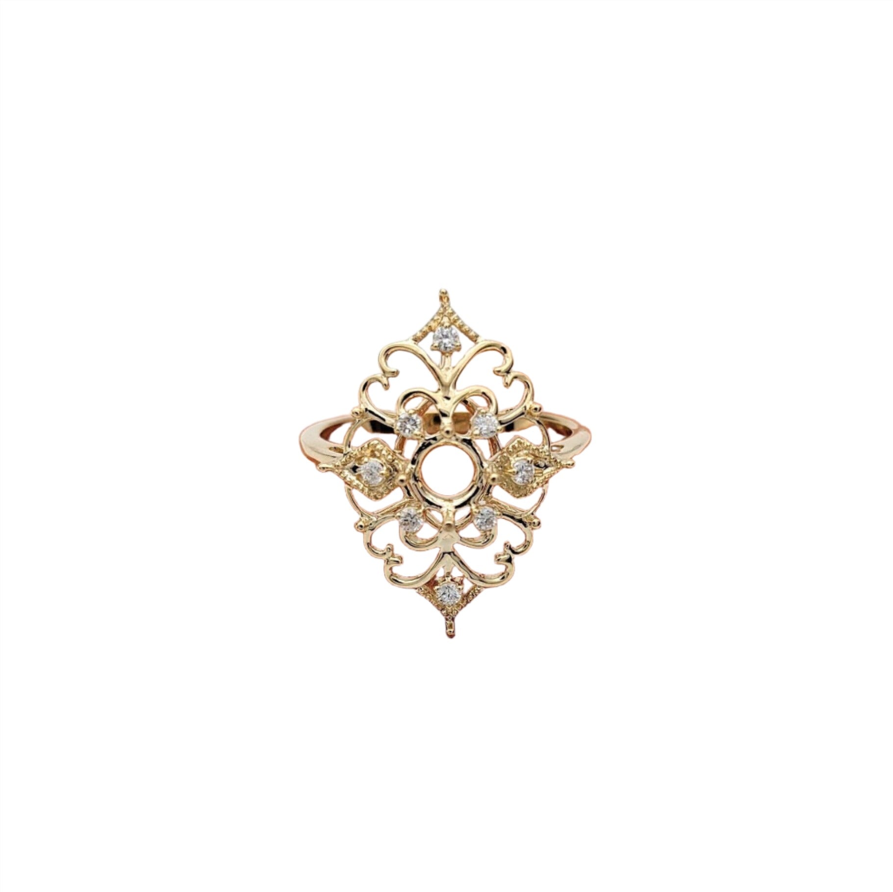 Vintage Inspired Ring Semi Mount w Diamonds in Solid 14K Gold | Round 5mm Brilliant Cut | Milgrain | Custom Gemstone Jewelry | Stone Setting