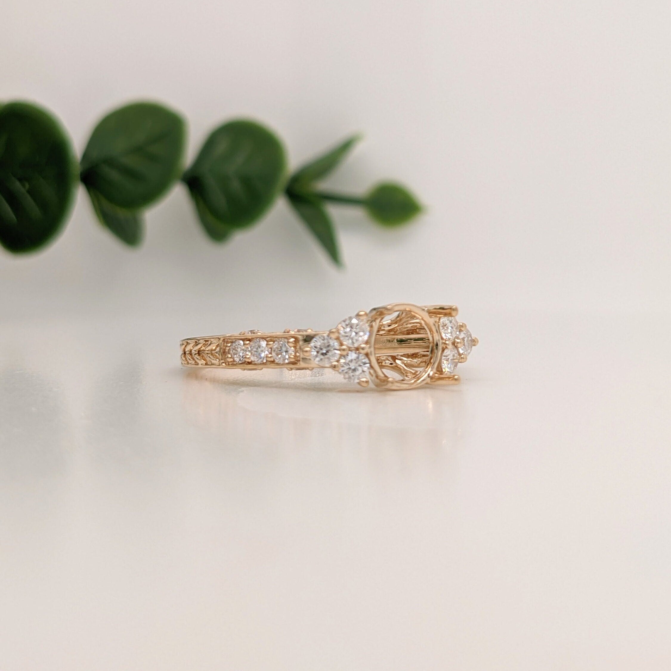 Vintage Inspired Diamond Ring Semi Mount in Solid 14K Gold | Round 6mm + | Textured Shank | Art Deco | Wide Band | Detailed | Customizable