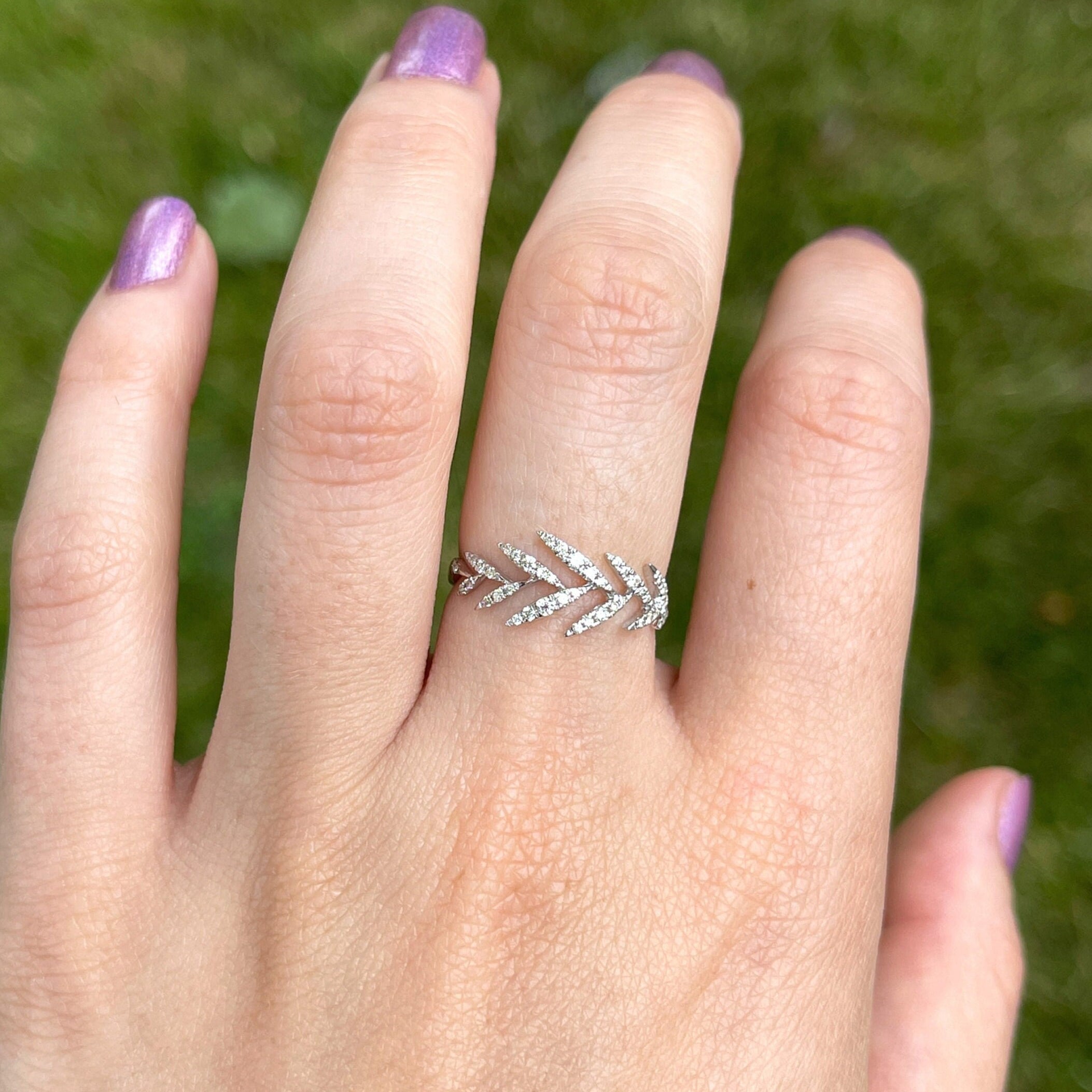 Palm Leaf Pave Diamond Band in Solid 14K Gold | Nature Inspired Ring | Chevron Design | Gold Band | Flower Ring | Tapered Band | Sizable