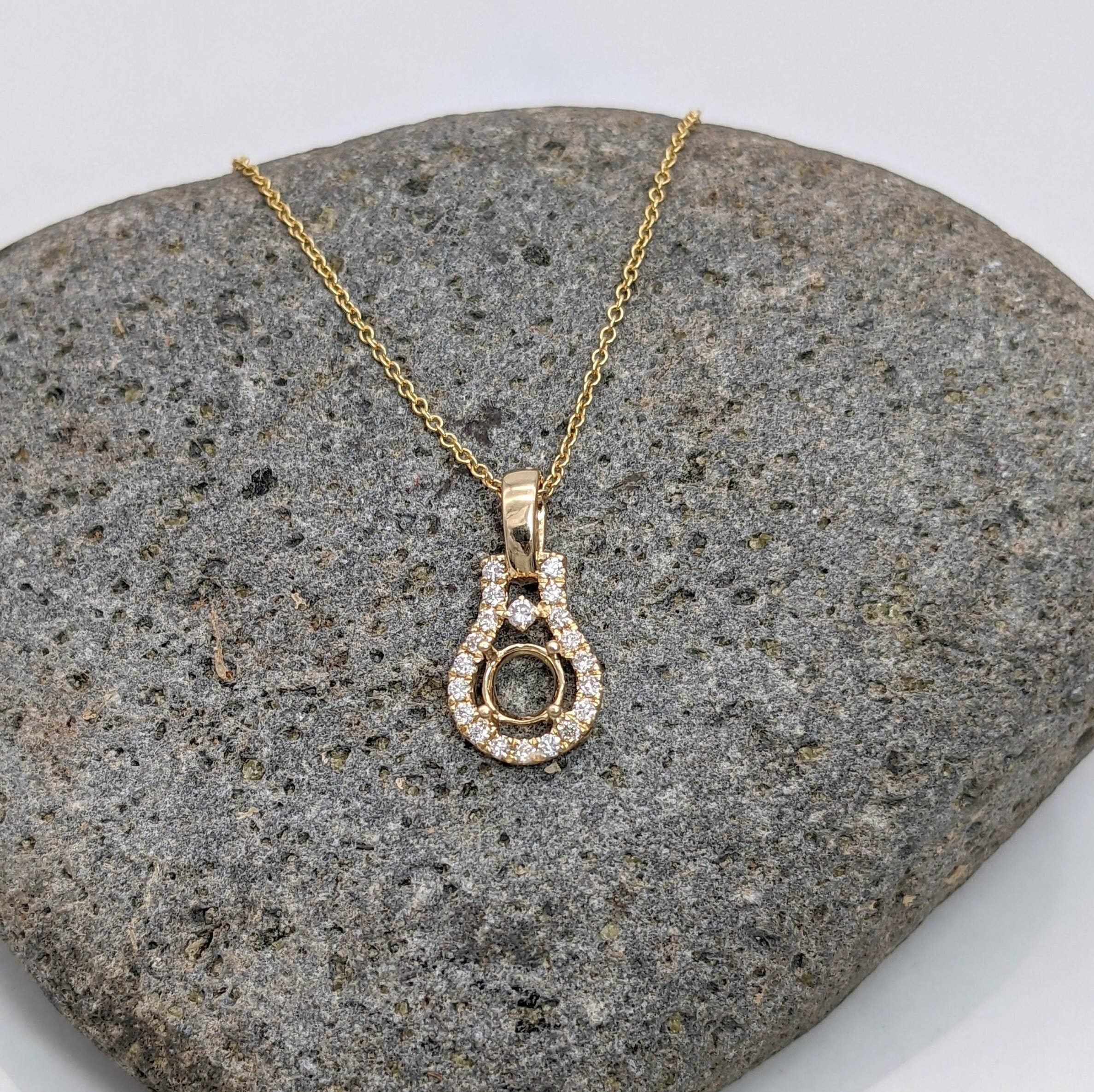 Halo Pendant setting with Natural Diamond Details in Solid 14k Gold | Round 4mm 5mm 6mm 7mm 8mm | Stone Setting | Gemstone Necklace | Prong