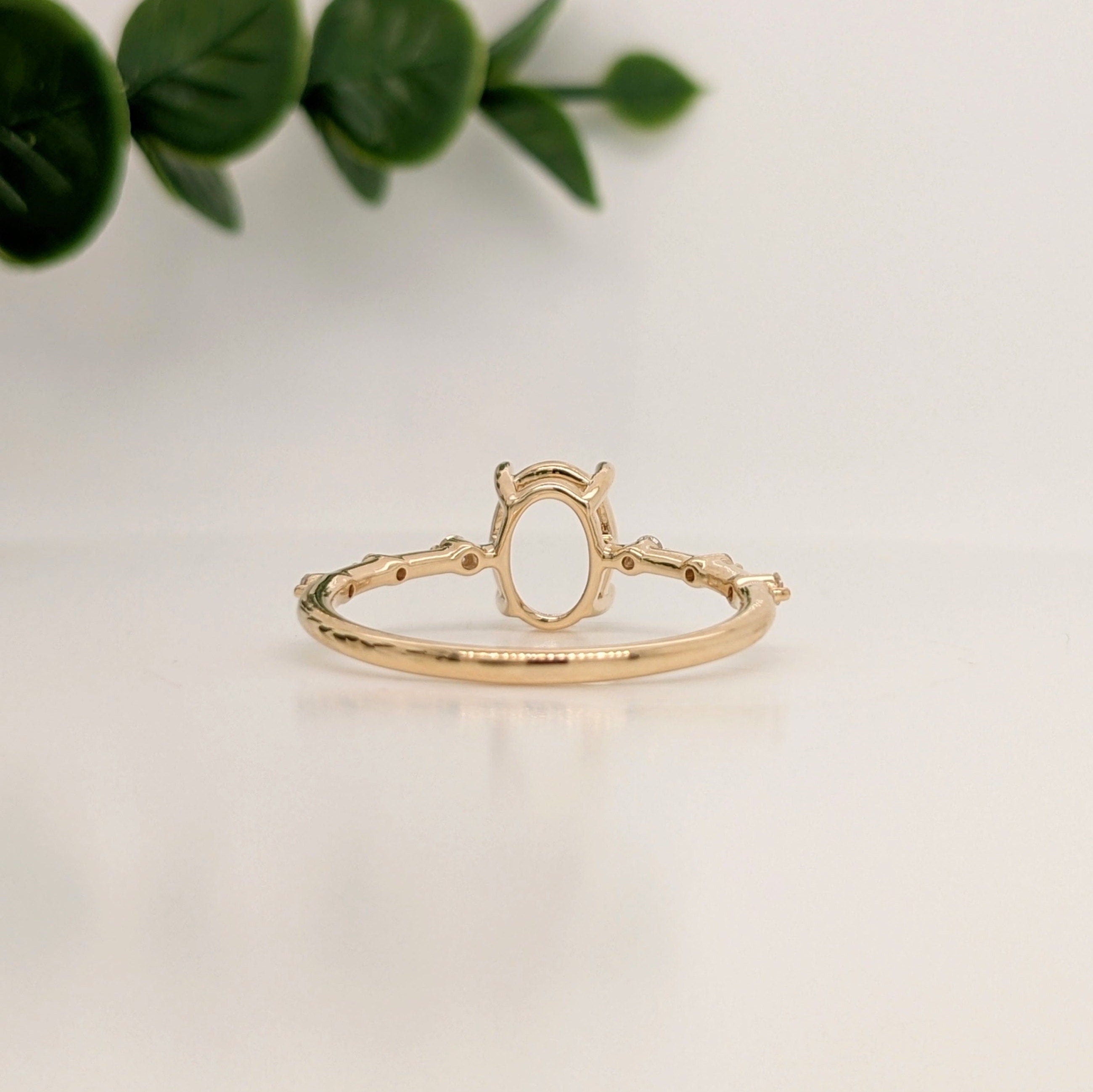 Statement Rings-Classic Solitaire Ring Setting with Minimalist Trio Diamond Accented Shank 14K Gold | Oval 8x6mm | Gemstone Ring Semi Mount | Customizable - NNJGemstones