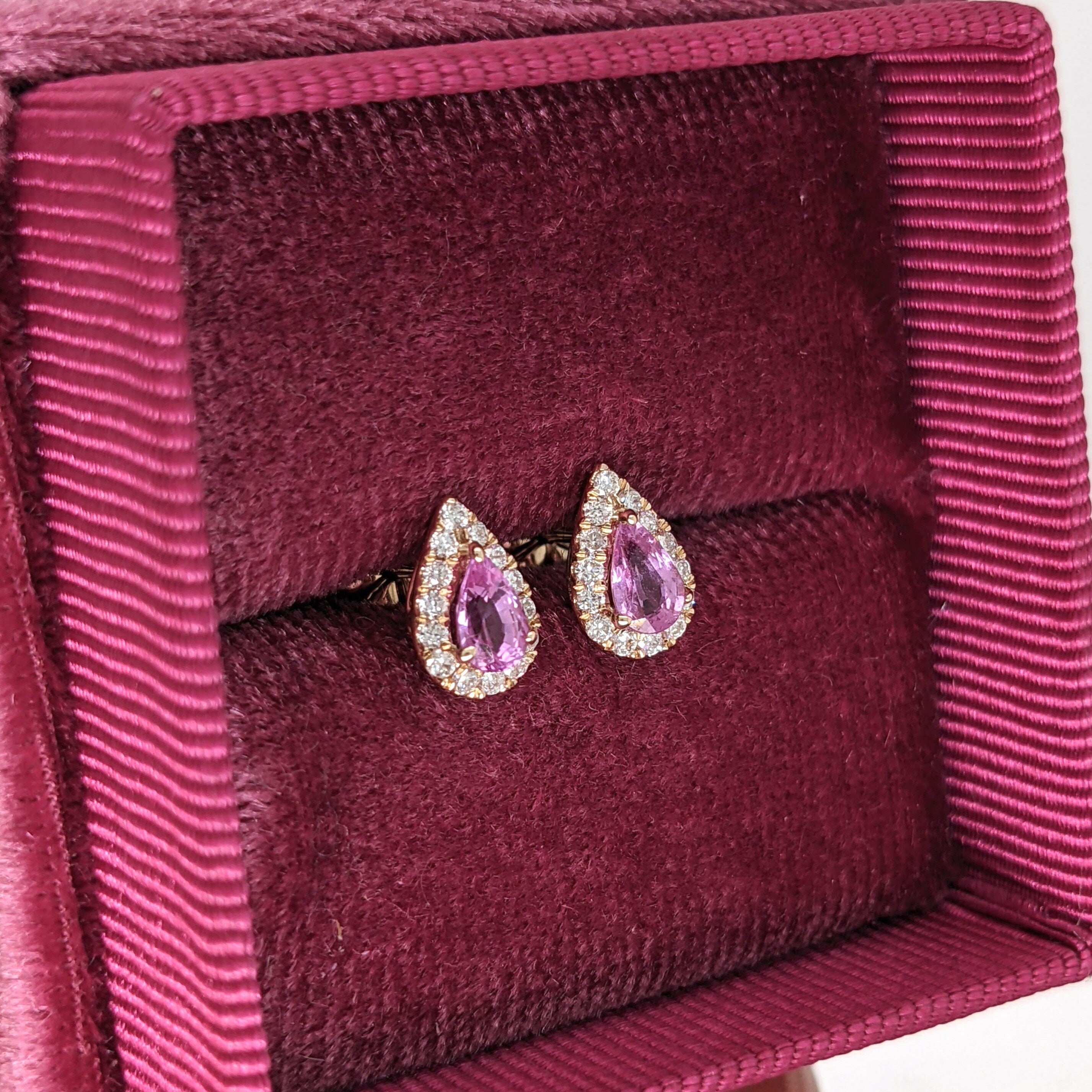 Stud Earrings-Petite Baby Pink Sapphire Earring Studs in 14k Yellow Gold with Diamond Halo | September Birthstone | Secure Push Backs | Pear Shape 5x3mm - NNJGemstones
