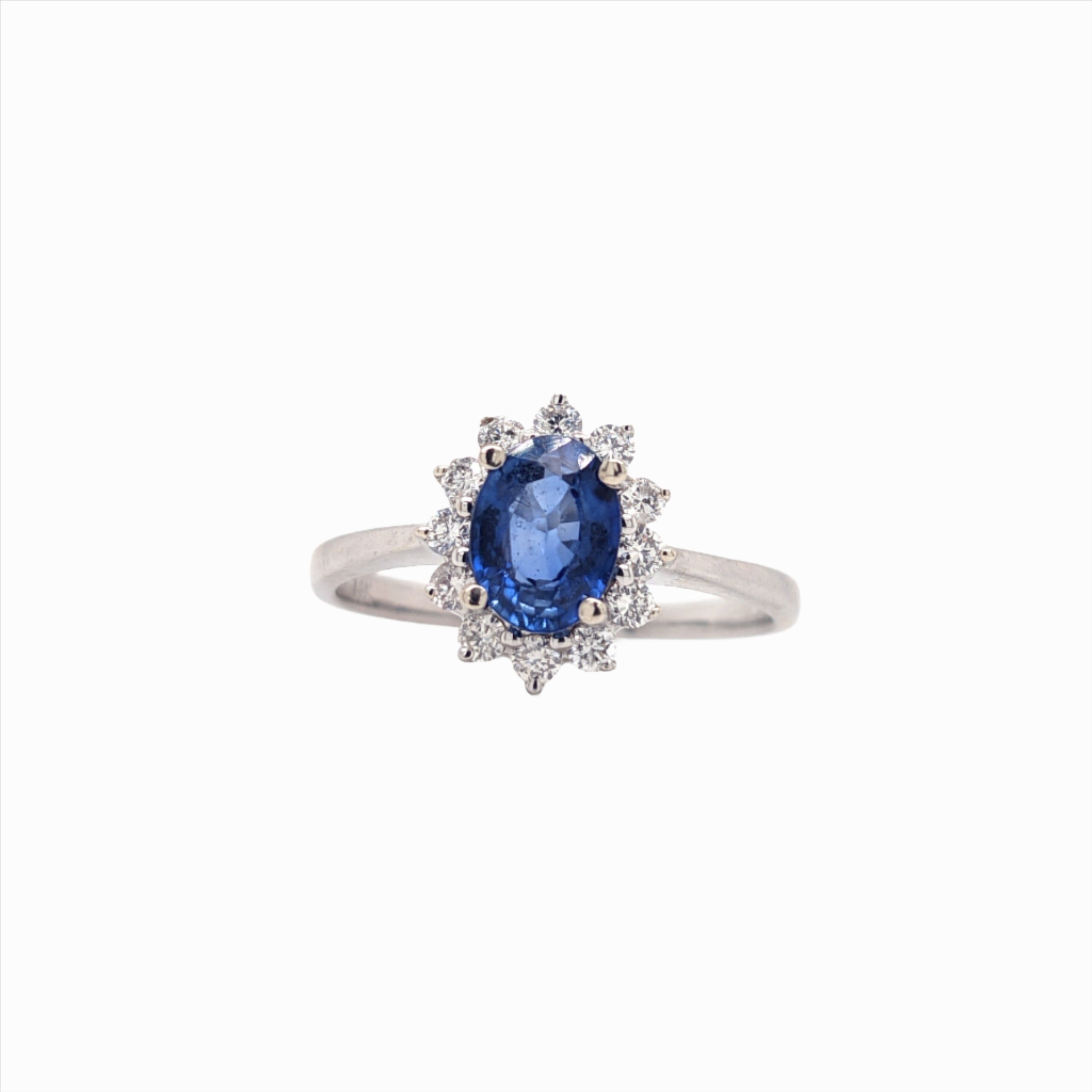 Blue Sapphire in 14K White Gold with Flower Diamond Halo I Oval 7x5mm Approx 1 carat Sapphire I Princess Diana Ring Style I Custom Available