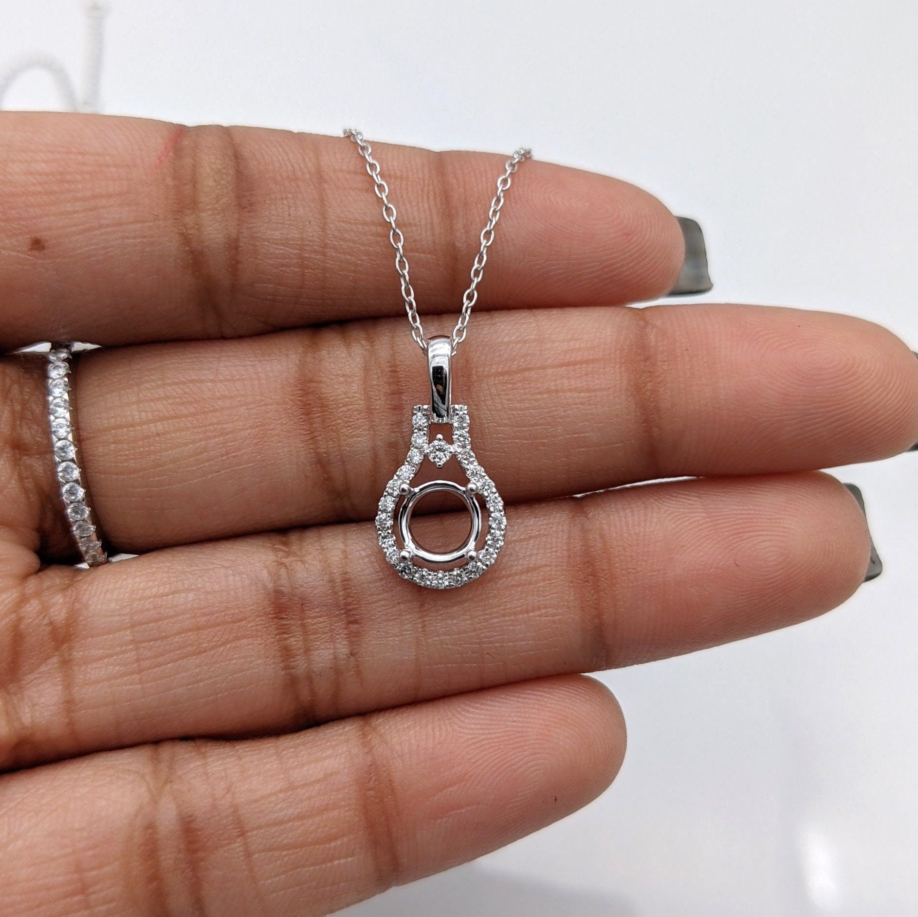 Halo Pendant setting with Natural Diamond Details in Solid 14k Gold | Round 4mm 5mm 6mm 7mm 8mm | Stone Setting | Gemstone Necklace | Prong