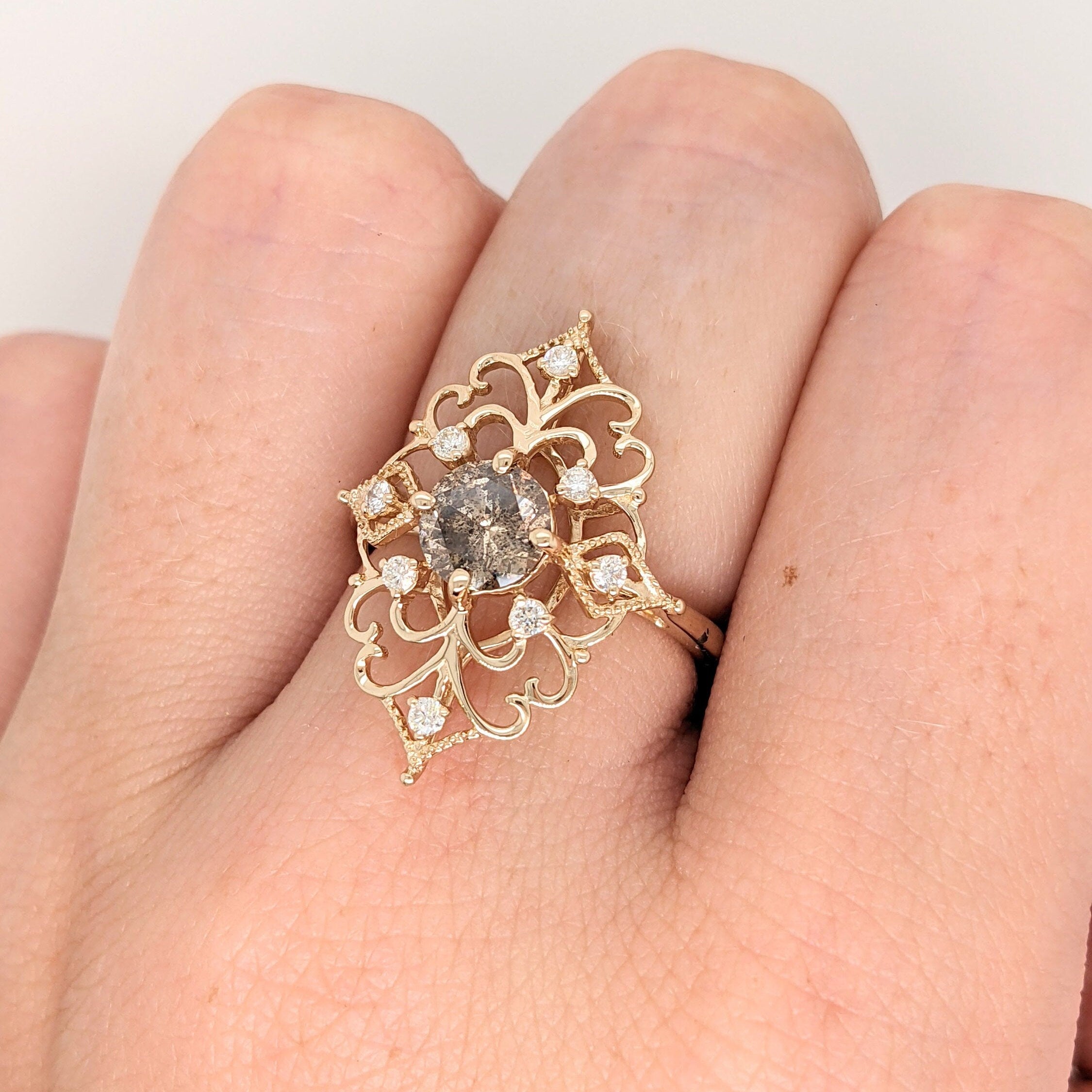 Vintage Inspired Ring Semi Mount w Diamonds in Solid 14K Gold | Round 5mm Brilliant Cut | Milgrain | Custom Gemstone Jewelry | Stone Setting